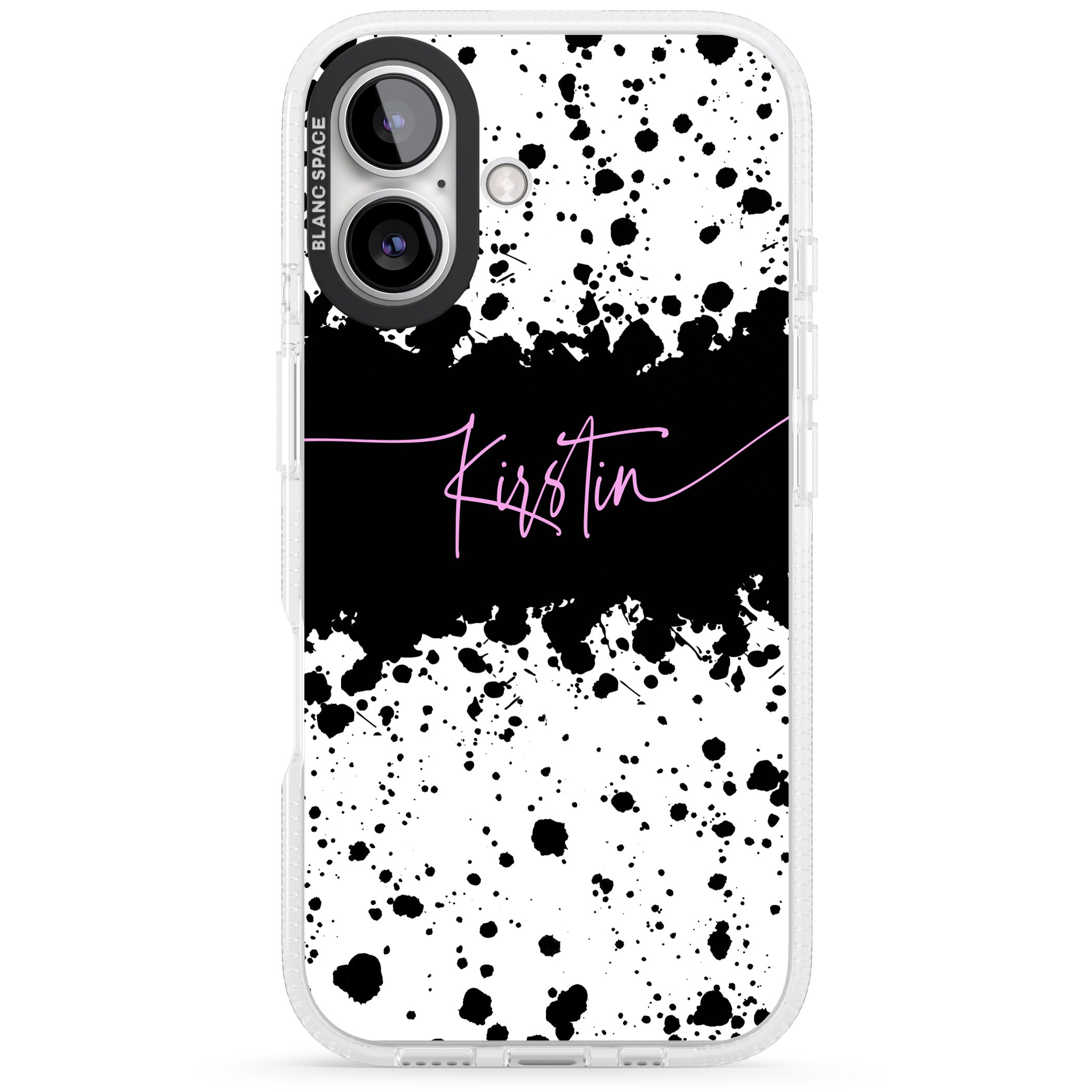 Personalised Black & White Paint Splatters iPhone 16 / 16 Plus Clear Case Impact Air - Blanc Space