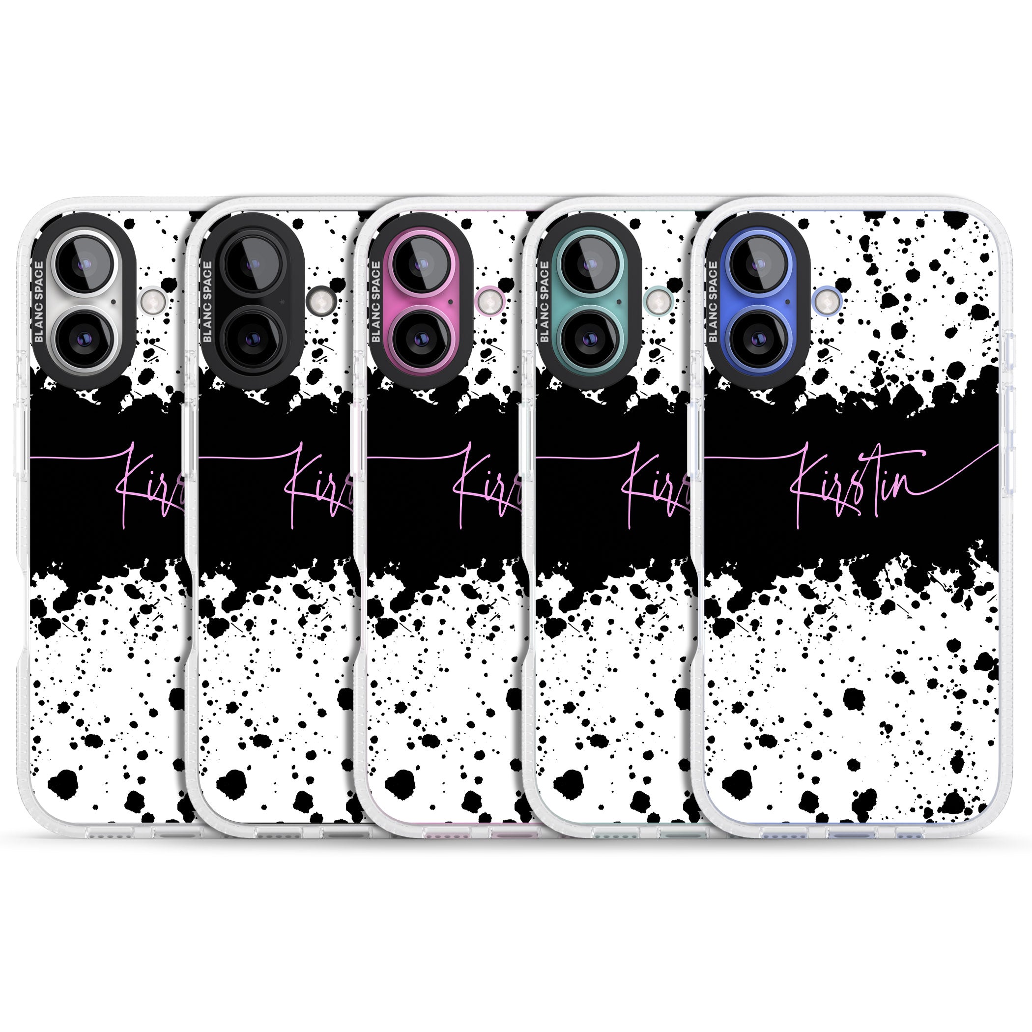 Personalised Black & White Paint Splatters iPhone 16 / 16 Plus Clear Case Impact Air - Blanc Space