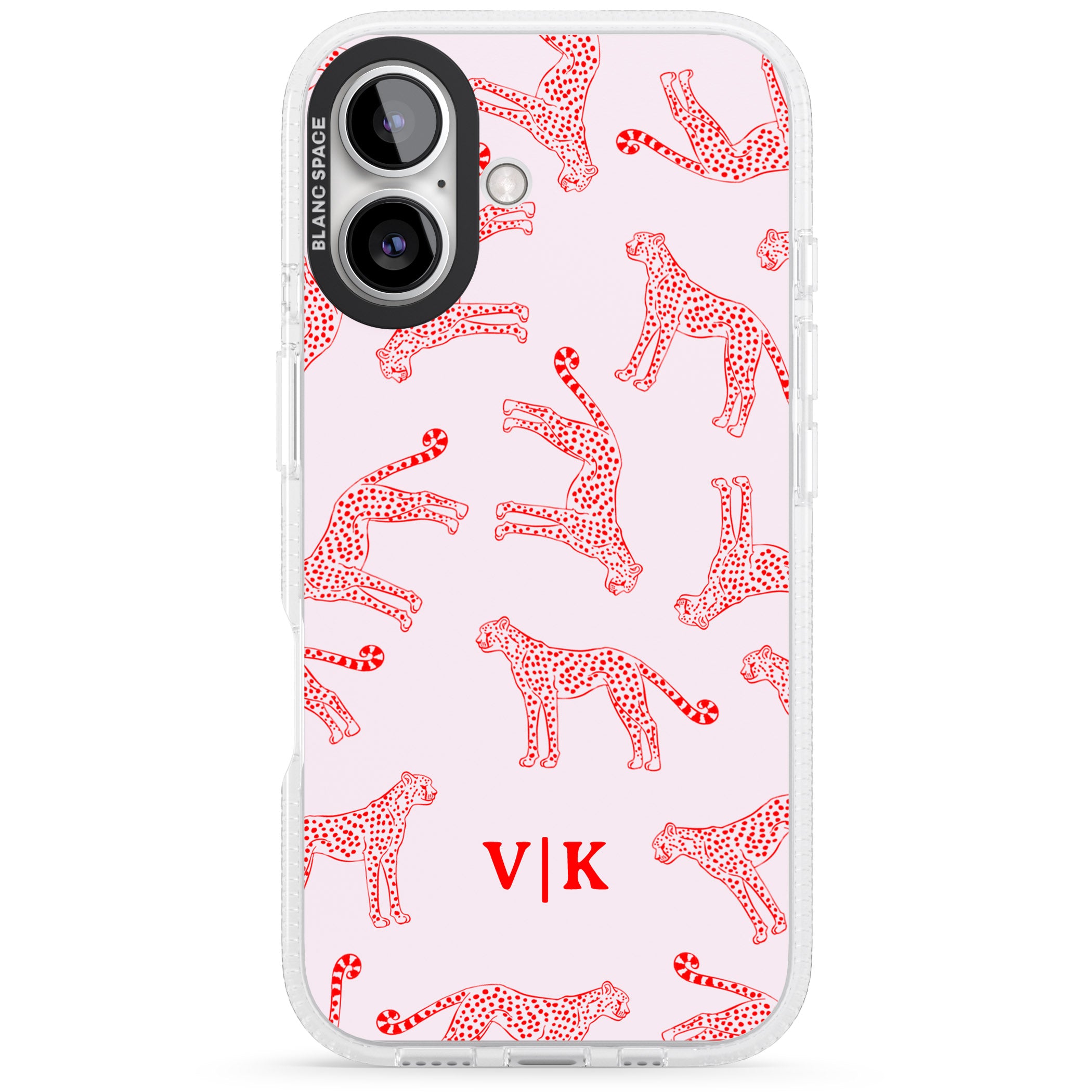 Personalised + Red & Pink Cheetah iPhone 16 / 16 Plus Clear Case Impact Air - Blanc Space