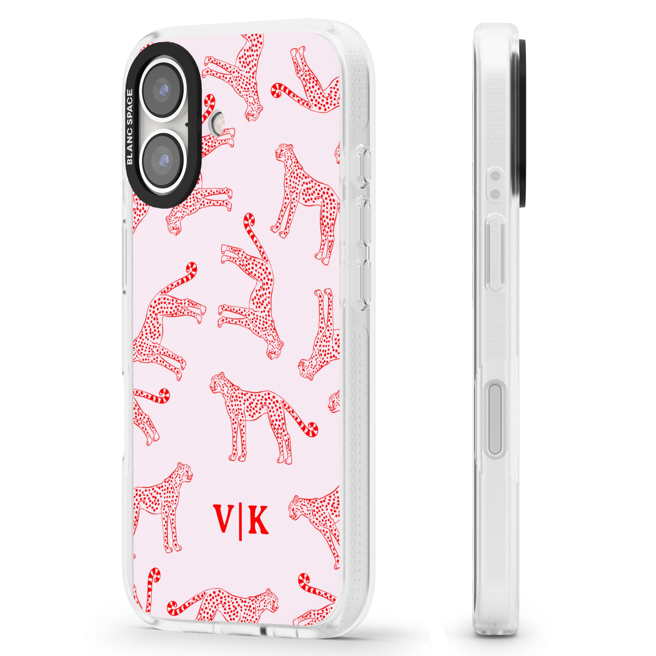 Personalised + Red & Pink Cheetah iPhone 16 / 16 Plus Clear Case Impact Air - Blanc Space
