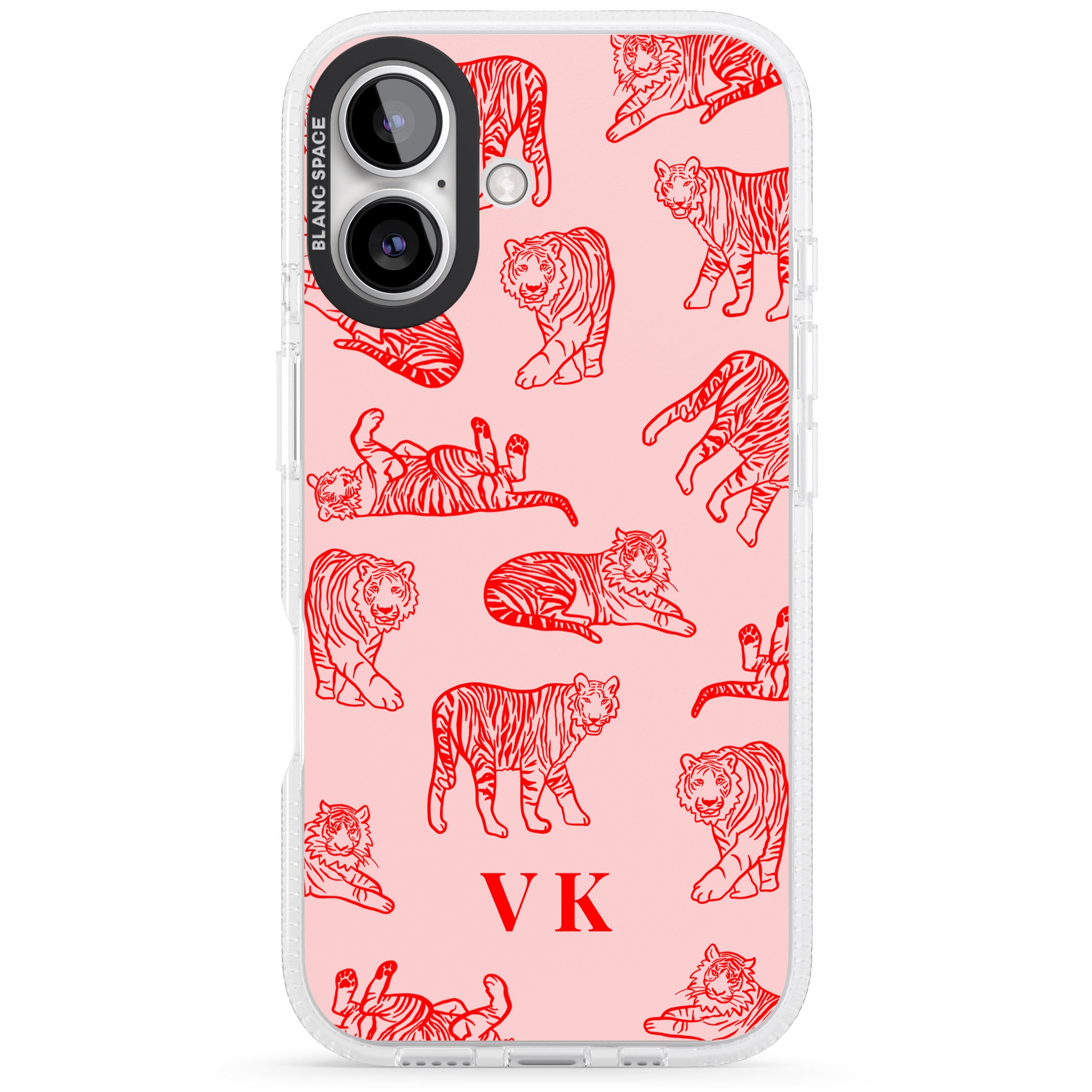 Personalised Red Tiger Outlines on Pink iPhone 16 / 16 Plus Clear Case Impact Air - Blanc Space