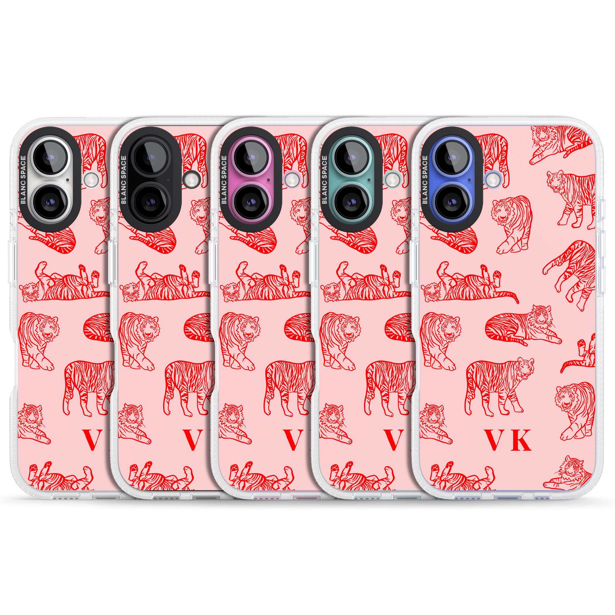 Personalised Red Tiger Outlines on Pink iPhone 16 / 16 Plus Clear Case Impact Air - Blanc Space