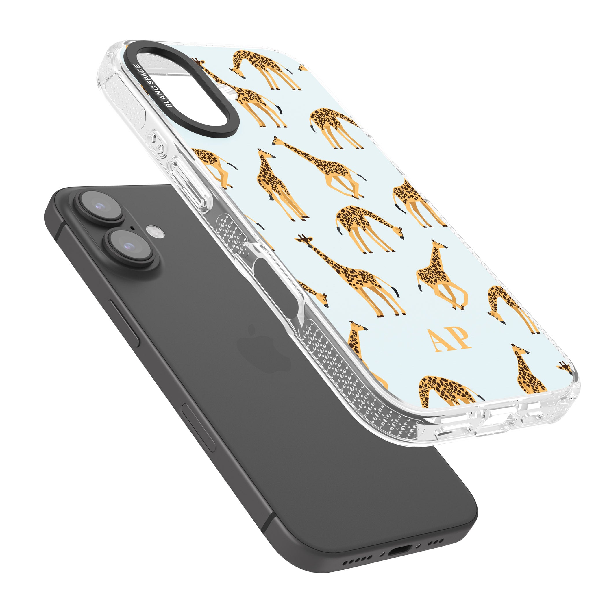 Personalised Safari Giraffe Pattern on Blue iPhone 16 / 16 Plus Clear Case Impact Air - Blanc Space