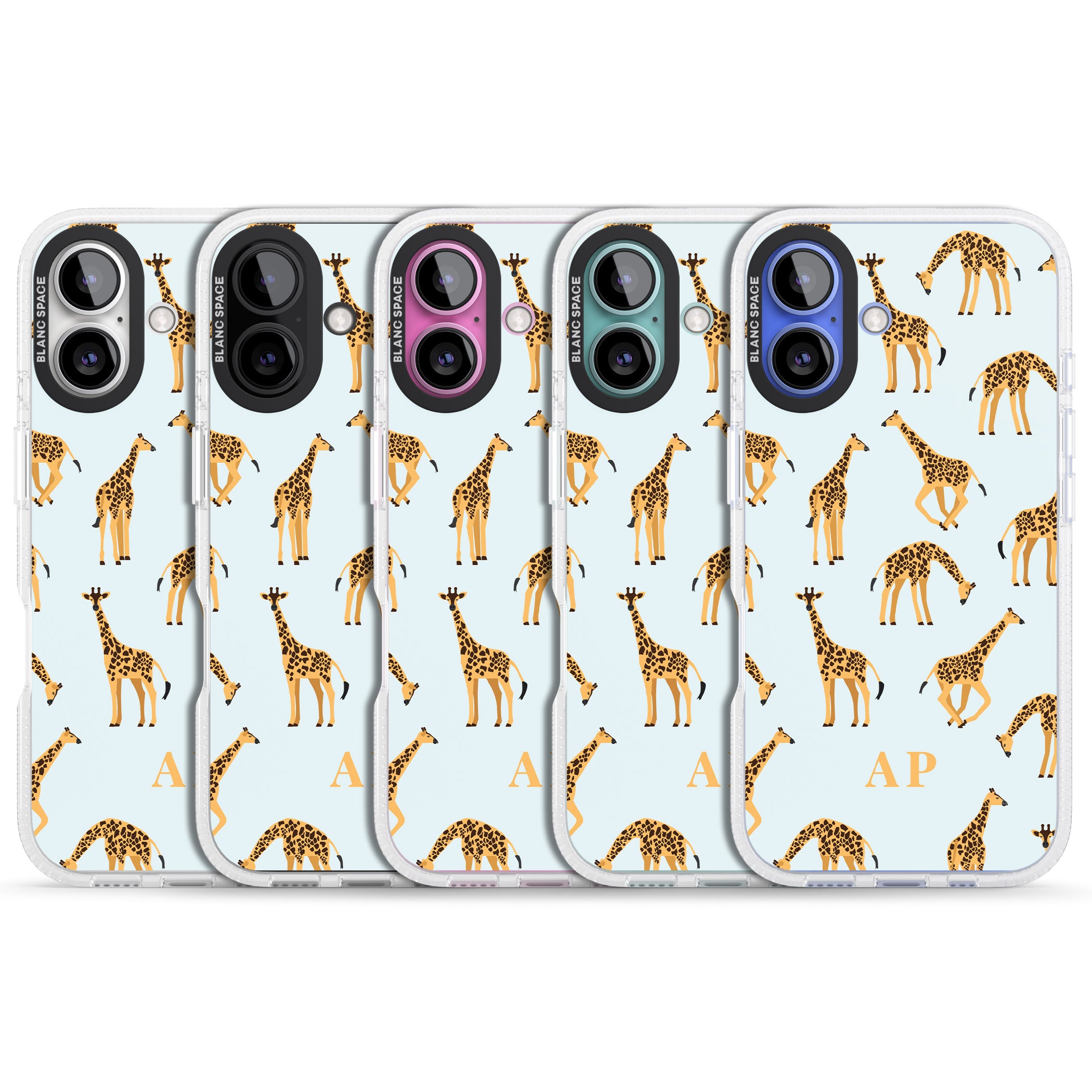 Personalised Safari Giraffe Pattern on Blue iPhone 16 / 16 Plus Clear Case Impact Air - Blanc Space