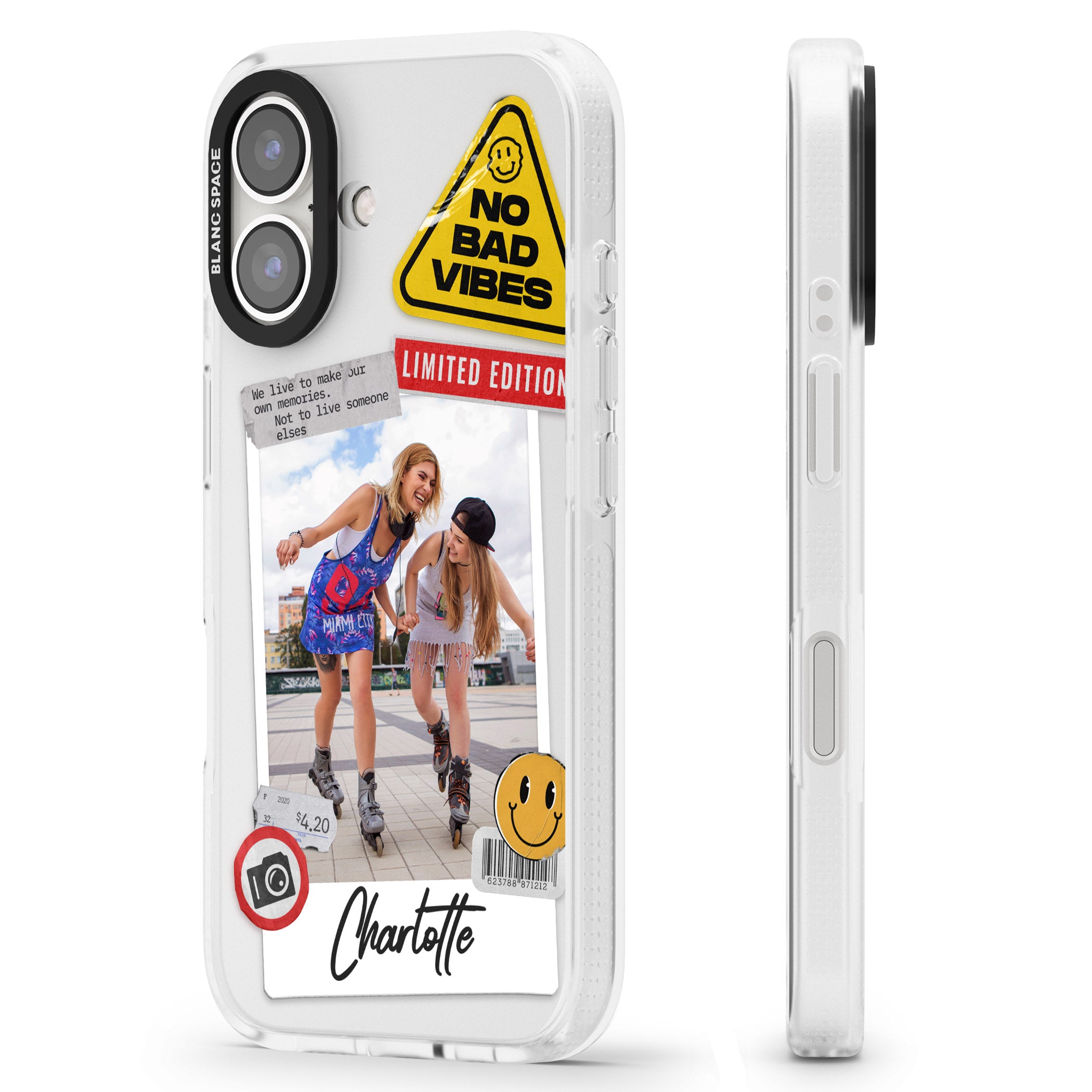 Personalised Sticker Mix Instant Photo iPhone 16 / 16 Plus Clear Case Impact Air - Blanc Space