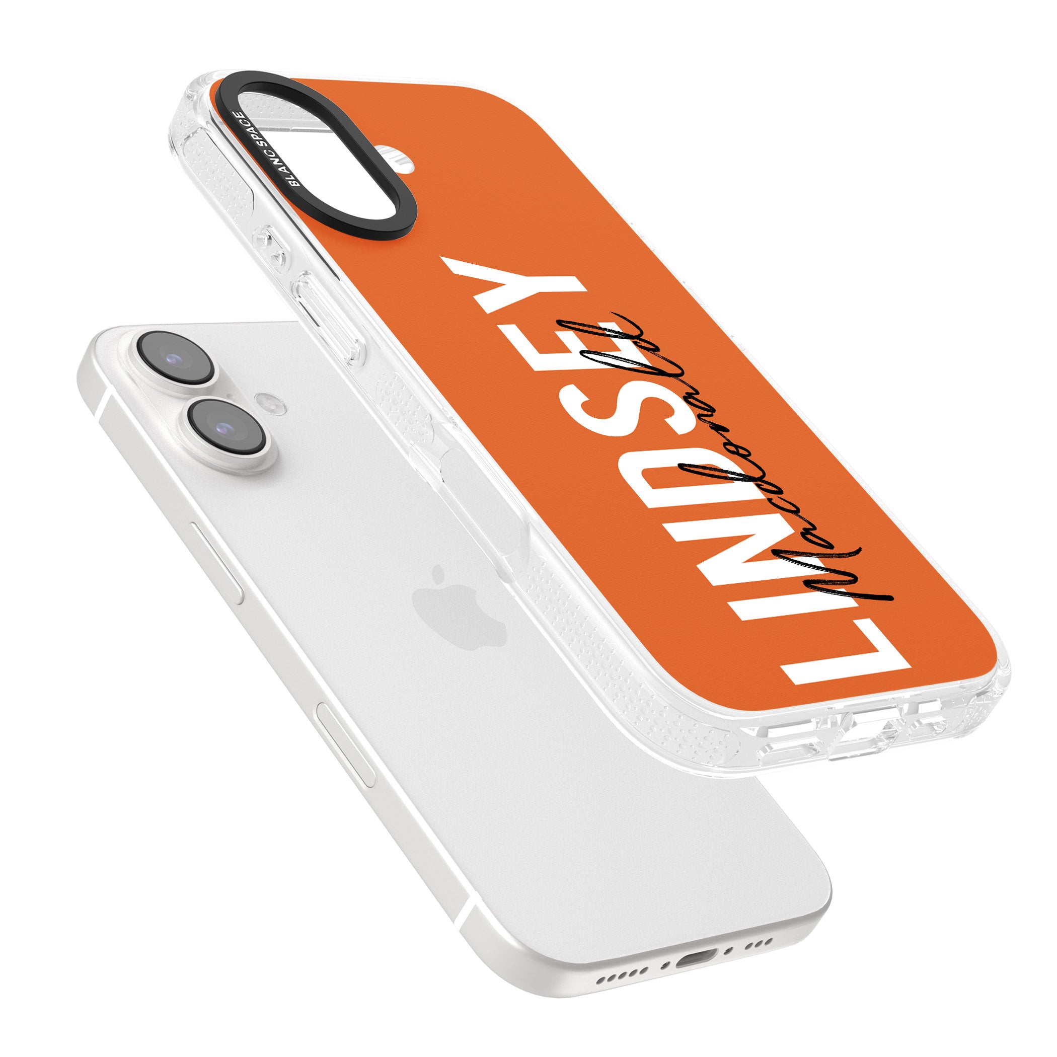 Personalised Bold Name: Orange iPhone 16 / 16 Plus Clear Case Impact Air - Blanc Space