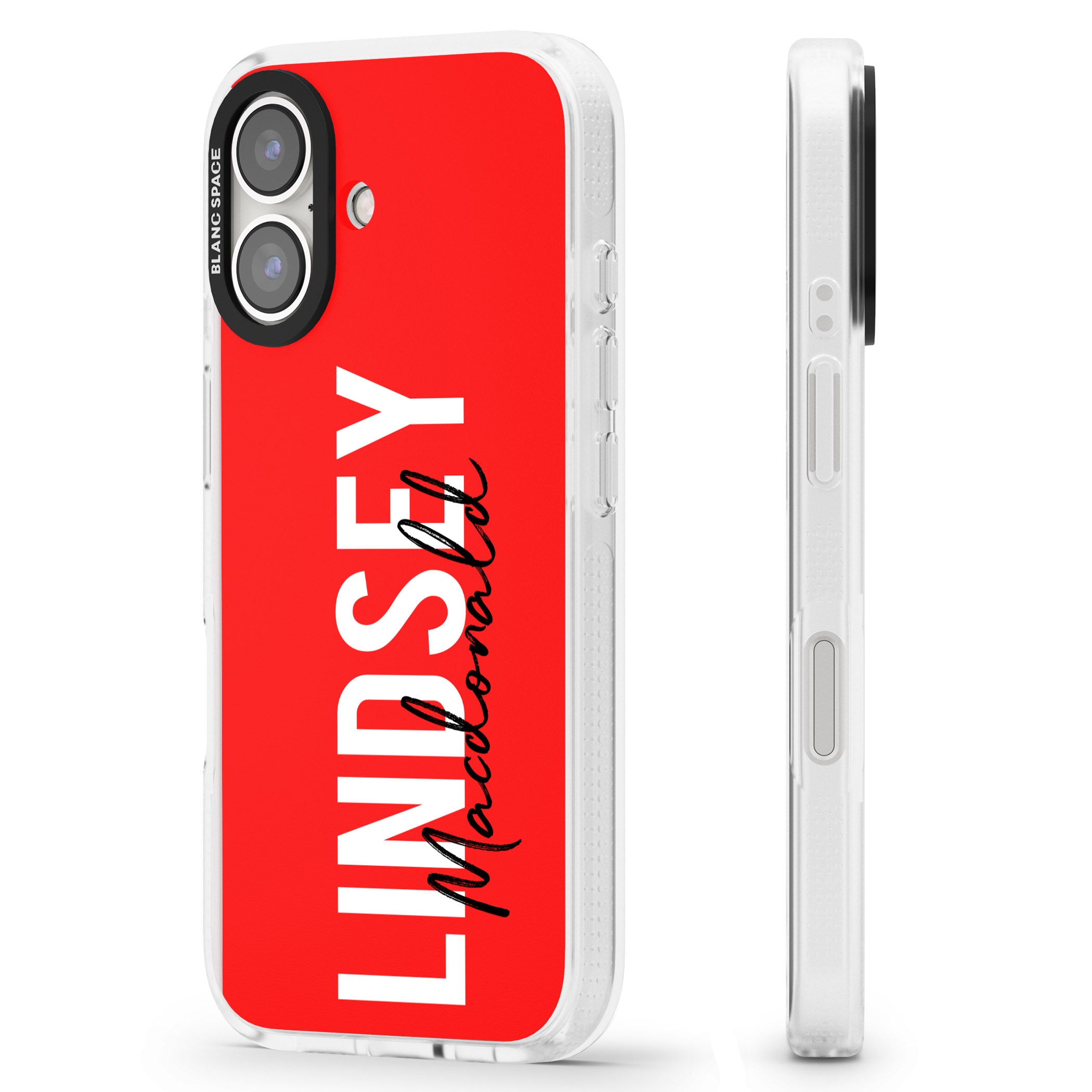Personalised Bold Name: Red iPhone 16 / 16 Plus Clear Case Impact Air - Blanc Space