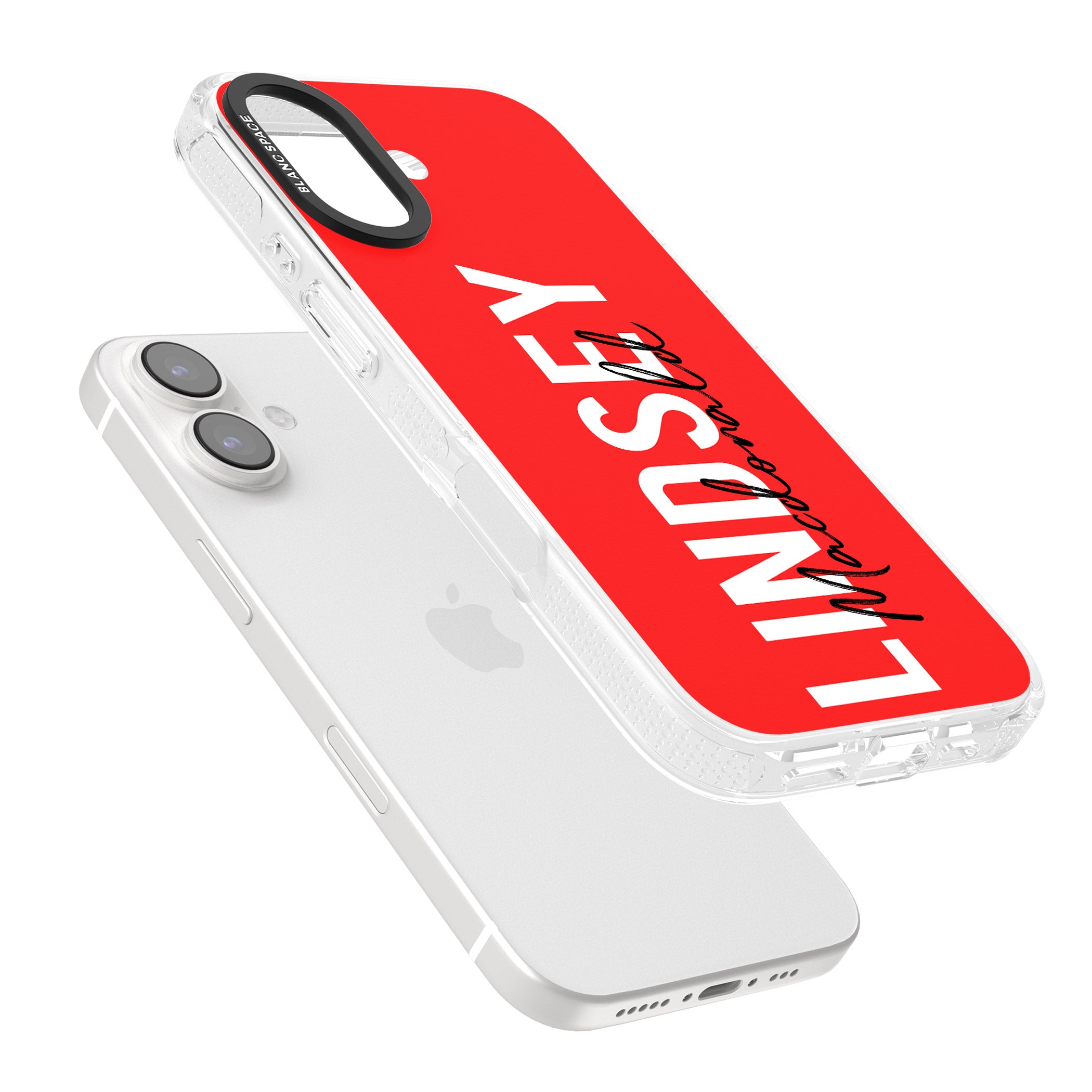 Personalised Bold Name: Red iPhone 16 / 16 Plus Clear Case Impact Air - Blanc Space
