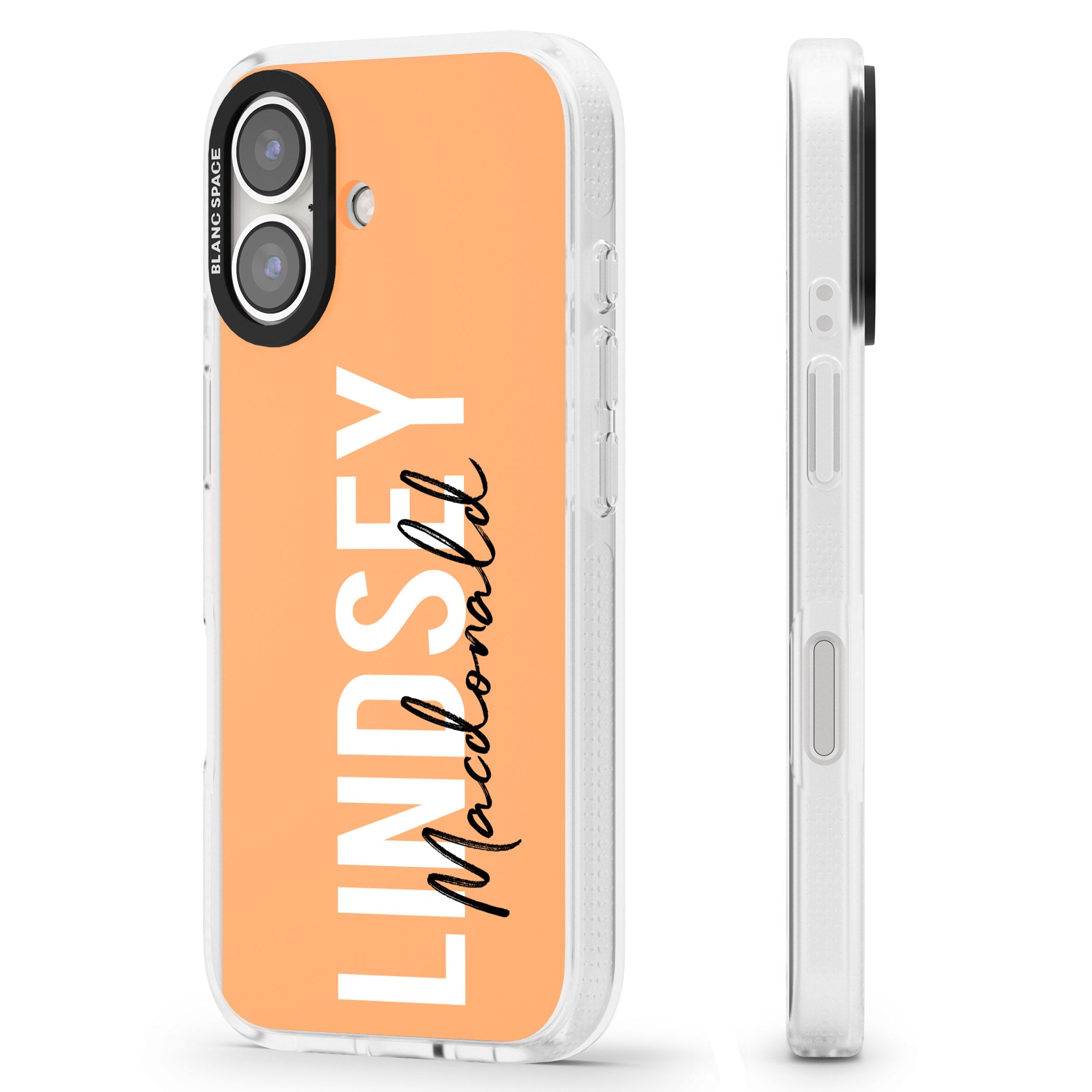 Personalised Bold Name: Peach iPhone 16 / 16 Plus Clear Case Impact Air - Blanc Space