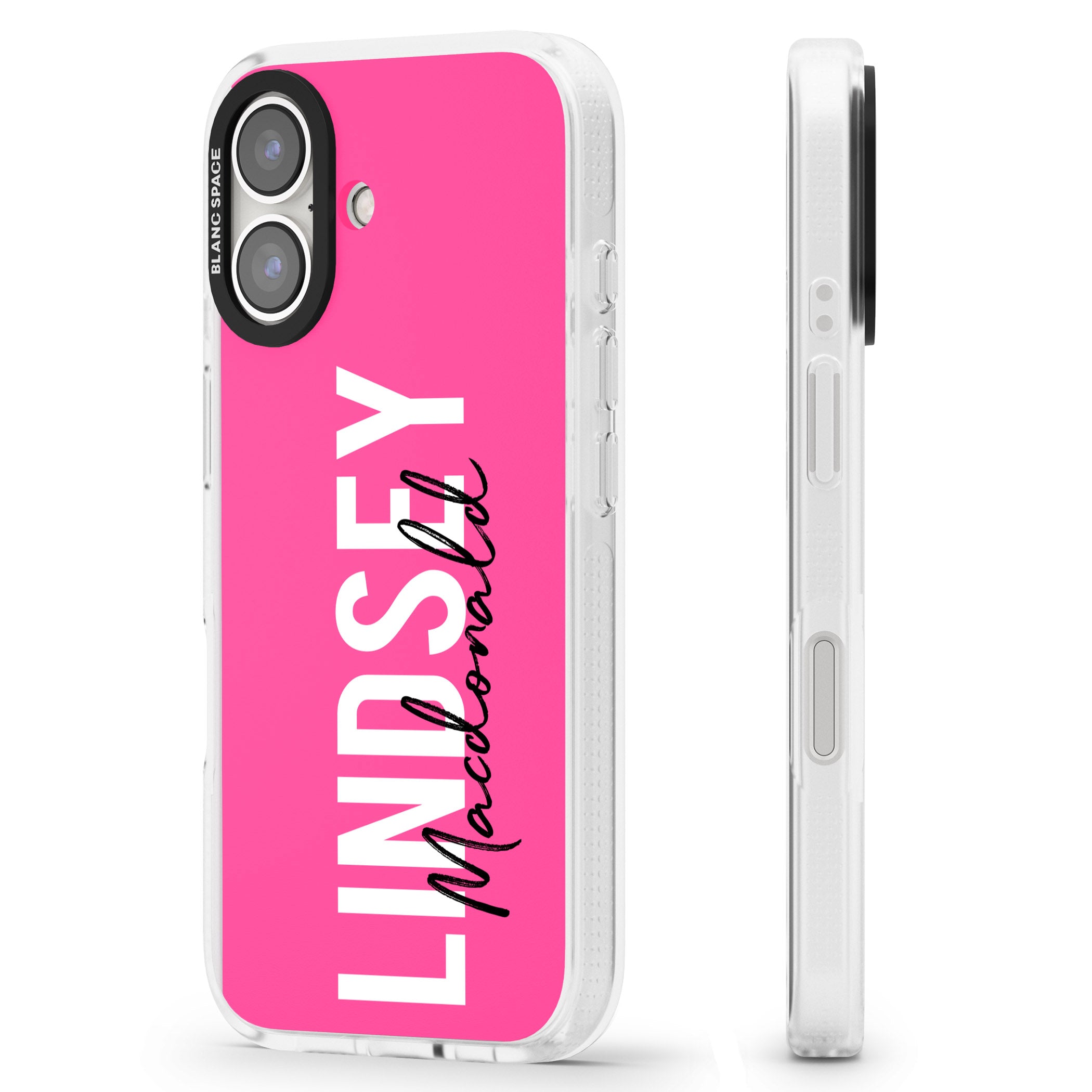 Personalised Bold Name: Pink iPhone 16 / 16 Plus Clear Case Impact Air - Blanc Space
