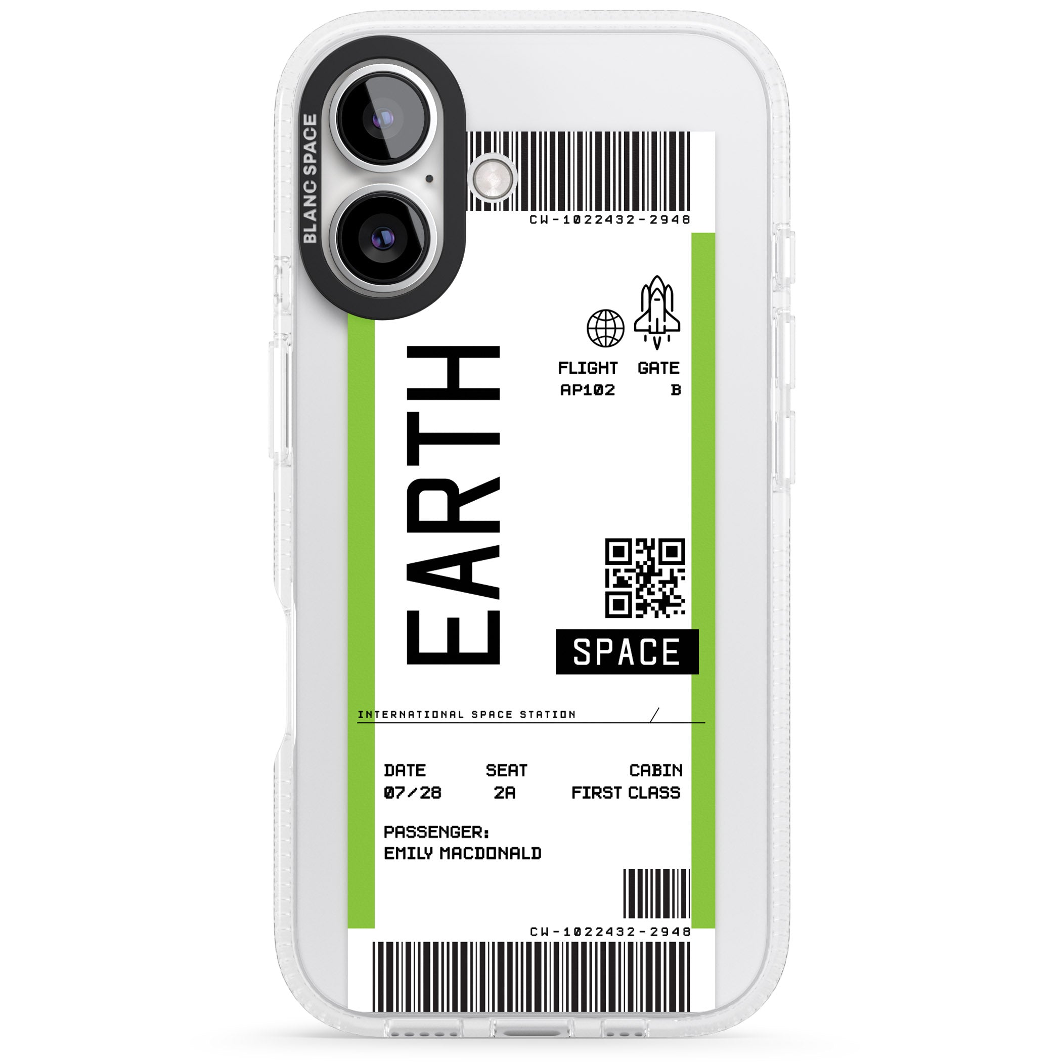 Personalised Earth Space Travel Ticket iPhone 16 / 16 Plus Clear Case Impact Air - Blanc Space