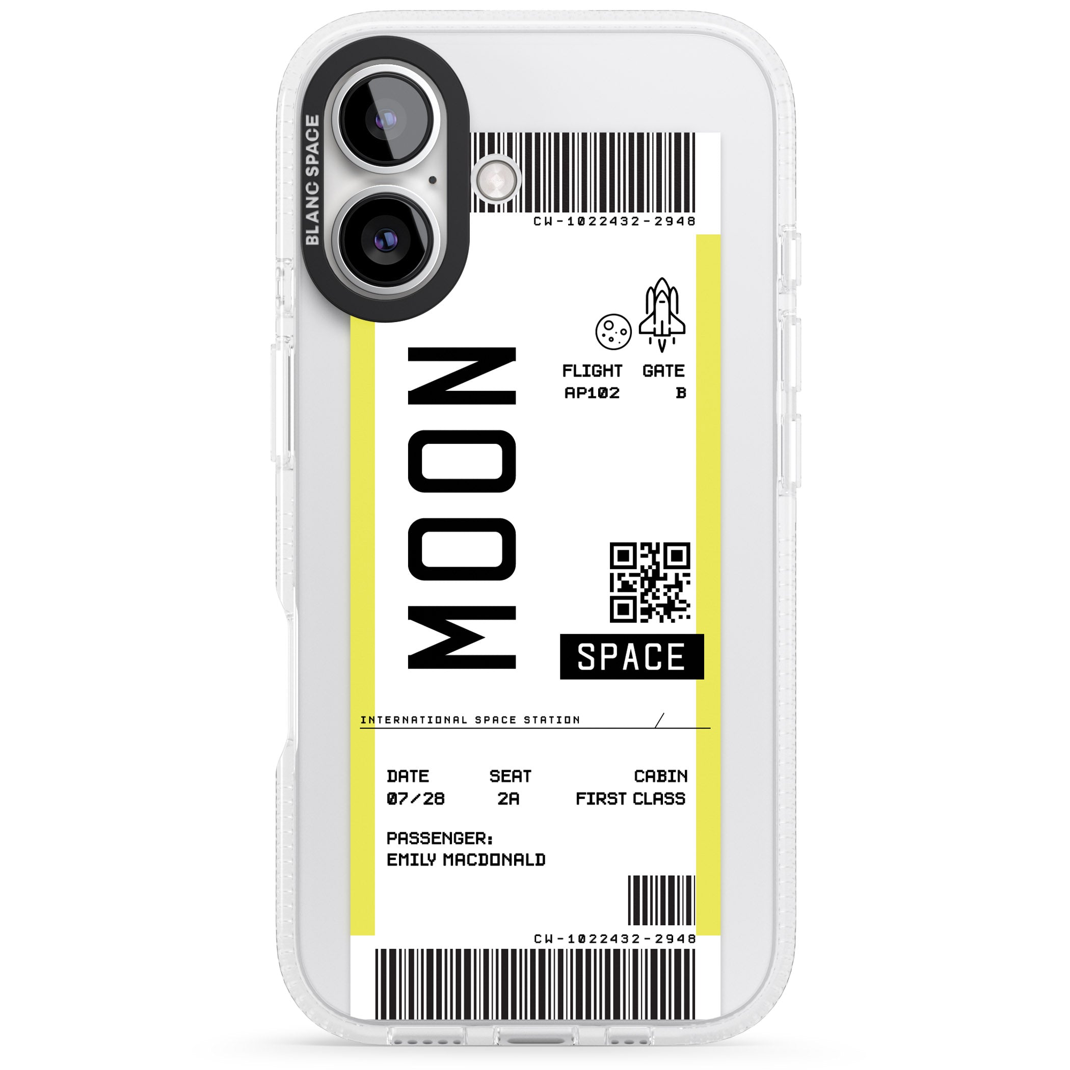 Personalised Moon Space Travel Ticket iPhone 16 / 16 Plus Clear Case Impact Air - Blanc Space