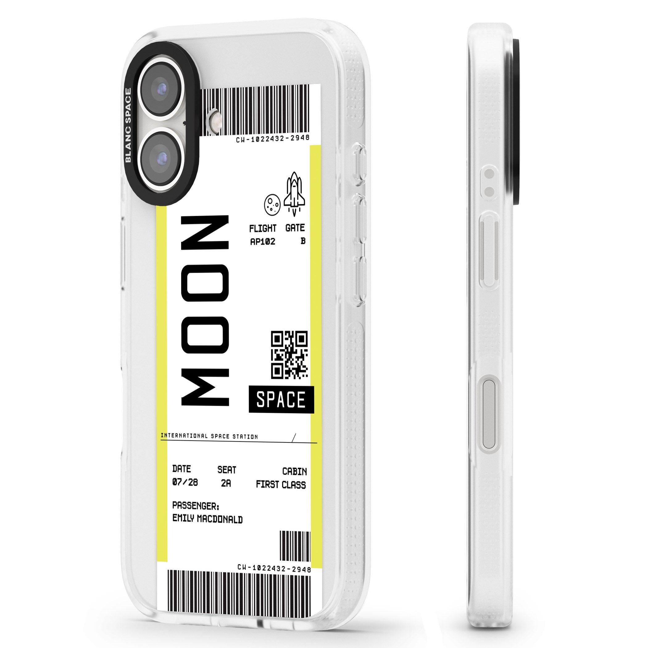 Personalised Moon Space Travel Ticket iPhone 16 / 16 Plus Clear Case Impact Air - Blanc Space