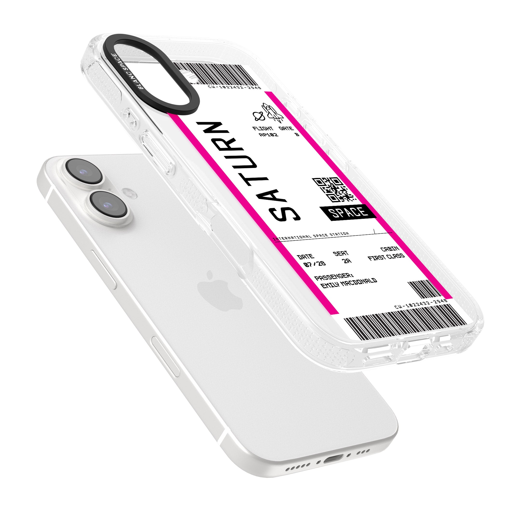 Personalised Saturn Space Travel Ticket iPhone 16 / 16 Plus Clear Case Impact Air - Blanc Space