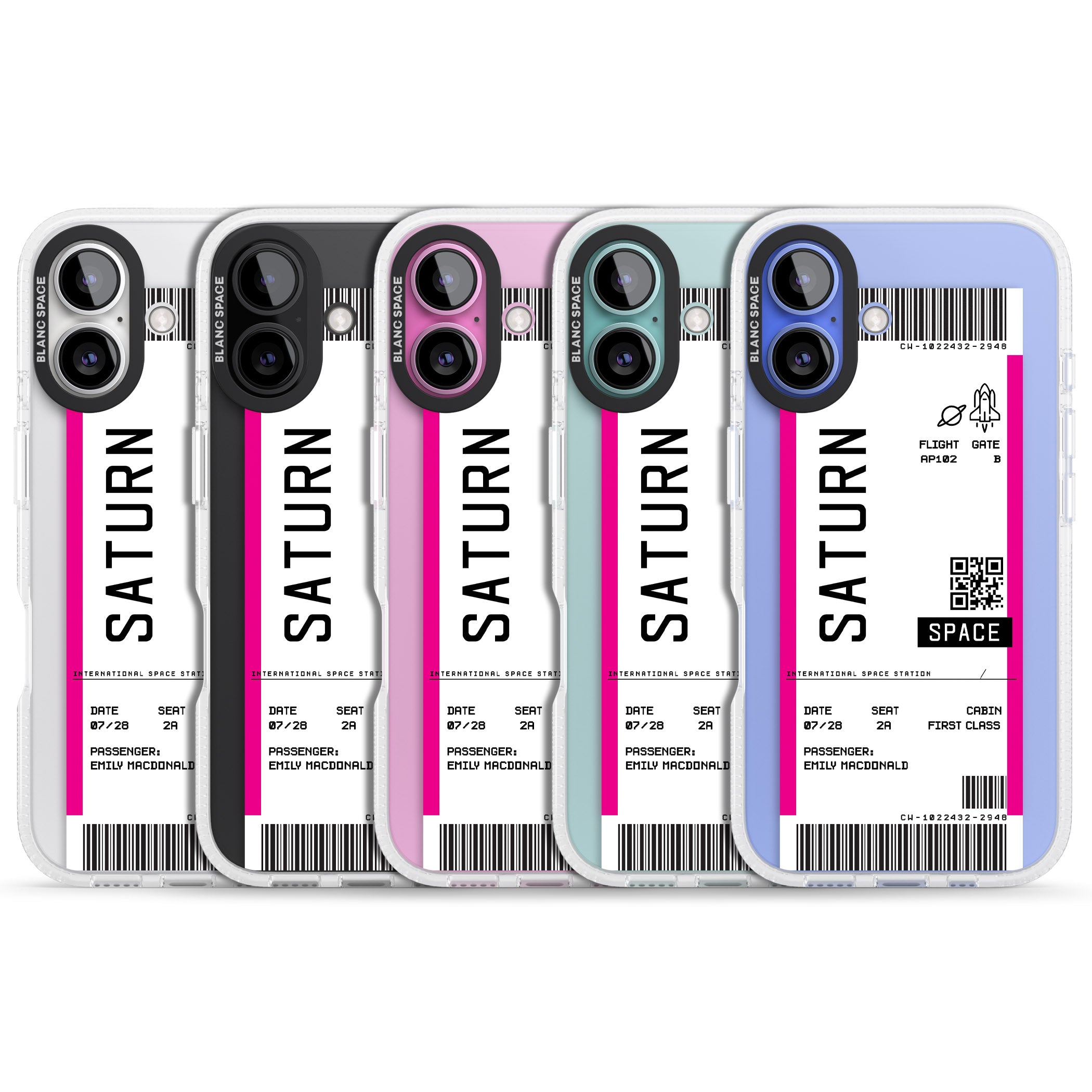 Personalised Saturn Space Travel Ticket iPhone 16 / 16 Plus Clear Case Impact Air - Blanc Space