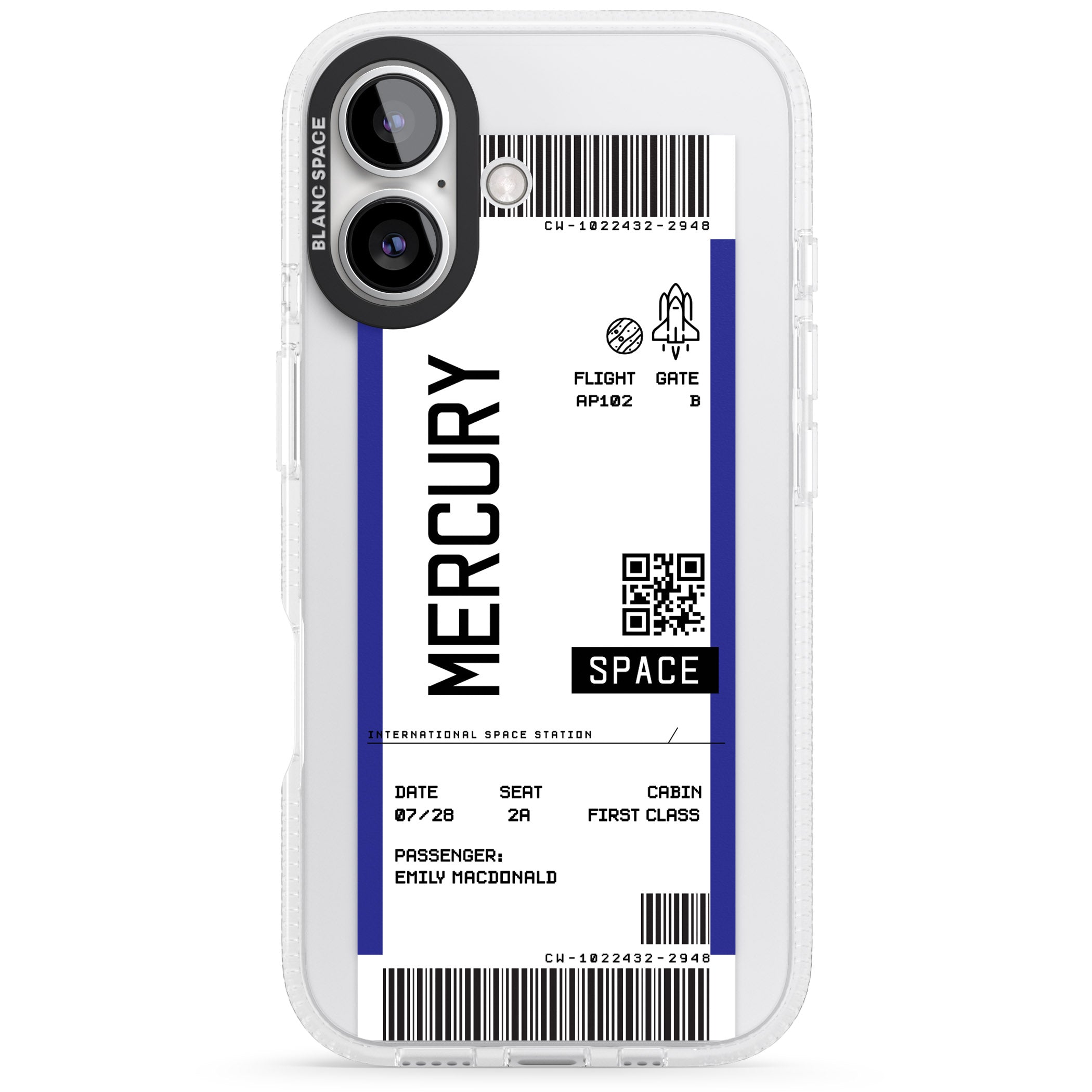 Personalised Mercury Space Travel Ticket iPhone 16 / 16 Plus Clear Case Impact Air - Blanc Space
