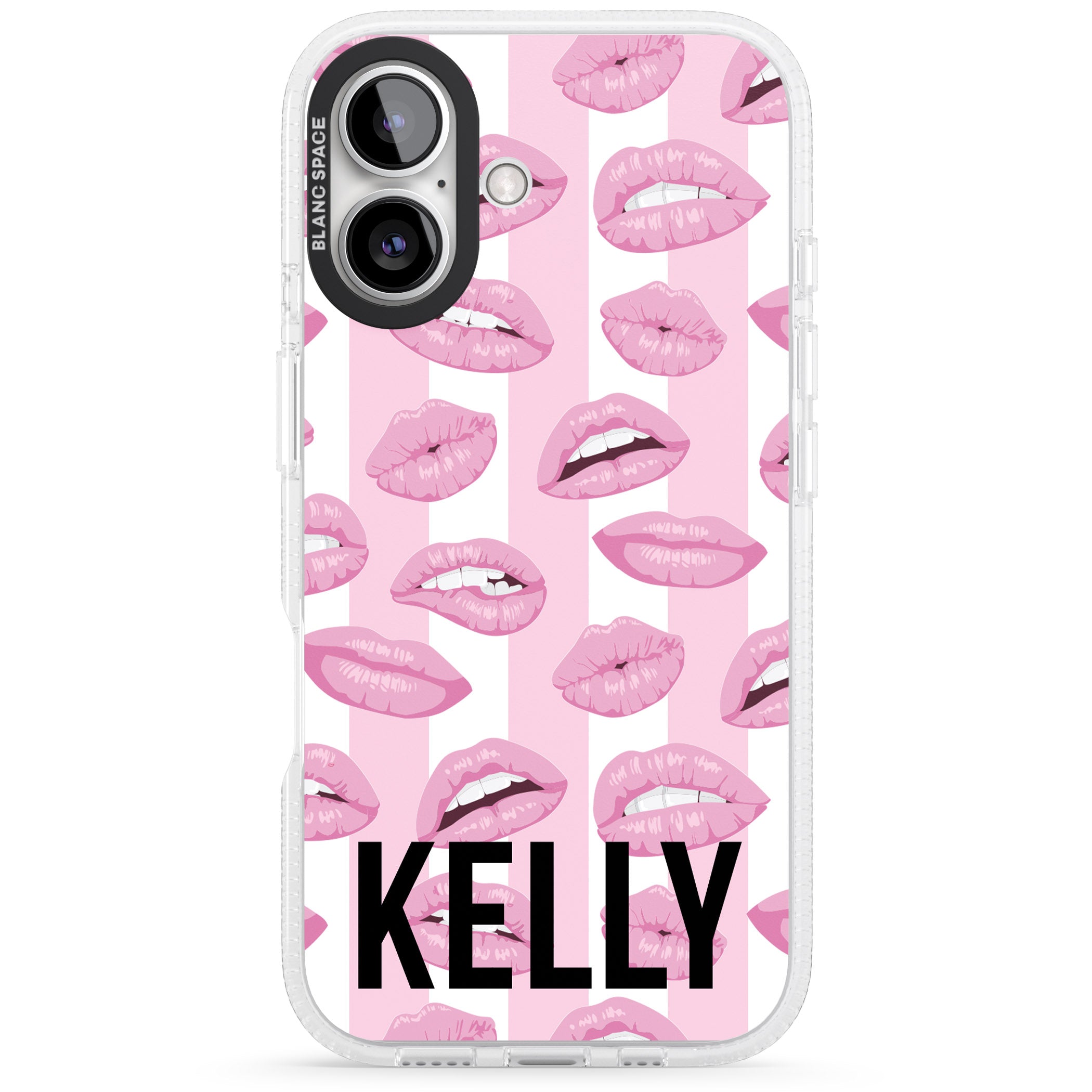 Personalised Pink Stripes & Lips iPhone 16 / 16 Plus Clear Case Impact Air - Blanc Space