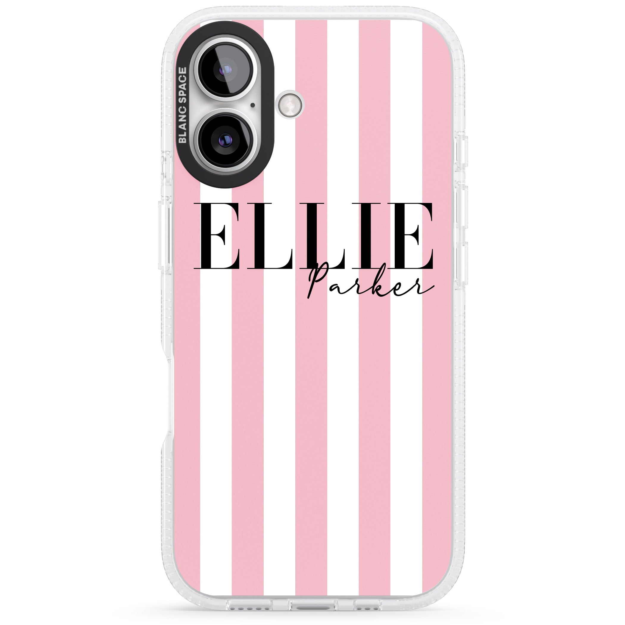 Personalised Pink Stripes iPhone 16 / 16 Plus Clear Case Impact Air - Blanc Space