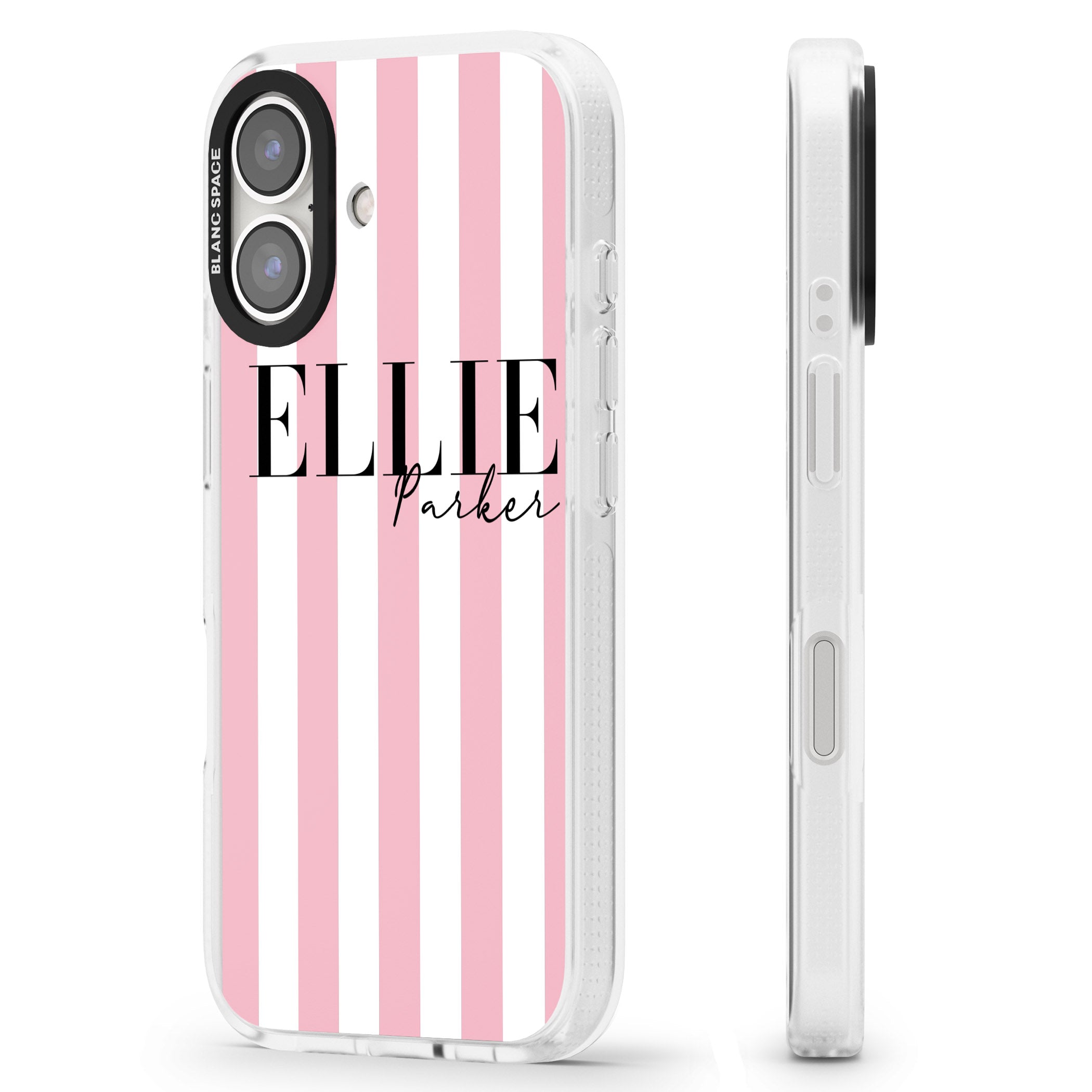 Personalised Pink Stripes iPhone 16 / 16 Plus Clear Case Impact Air - Blanc Space
