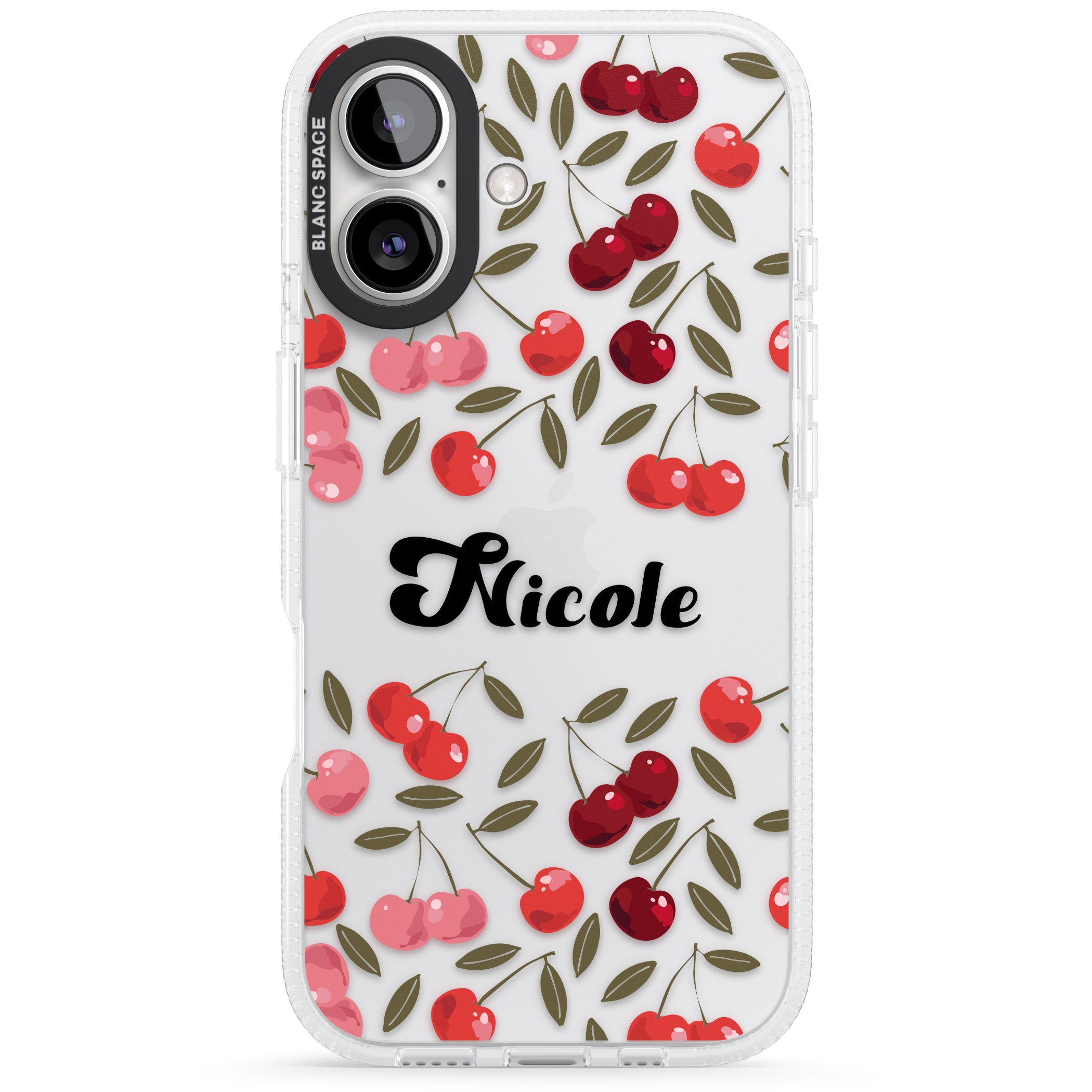 Personalised Cherry Pattern iPhone 16 / 16 Plus Clear Case Impact Air - Blanc Space