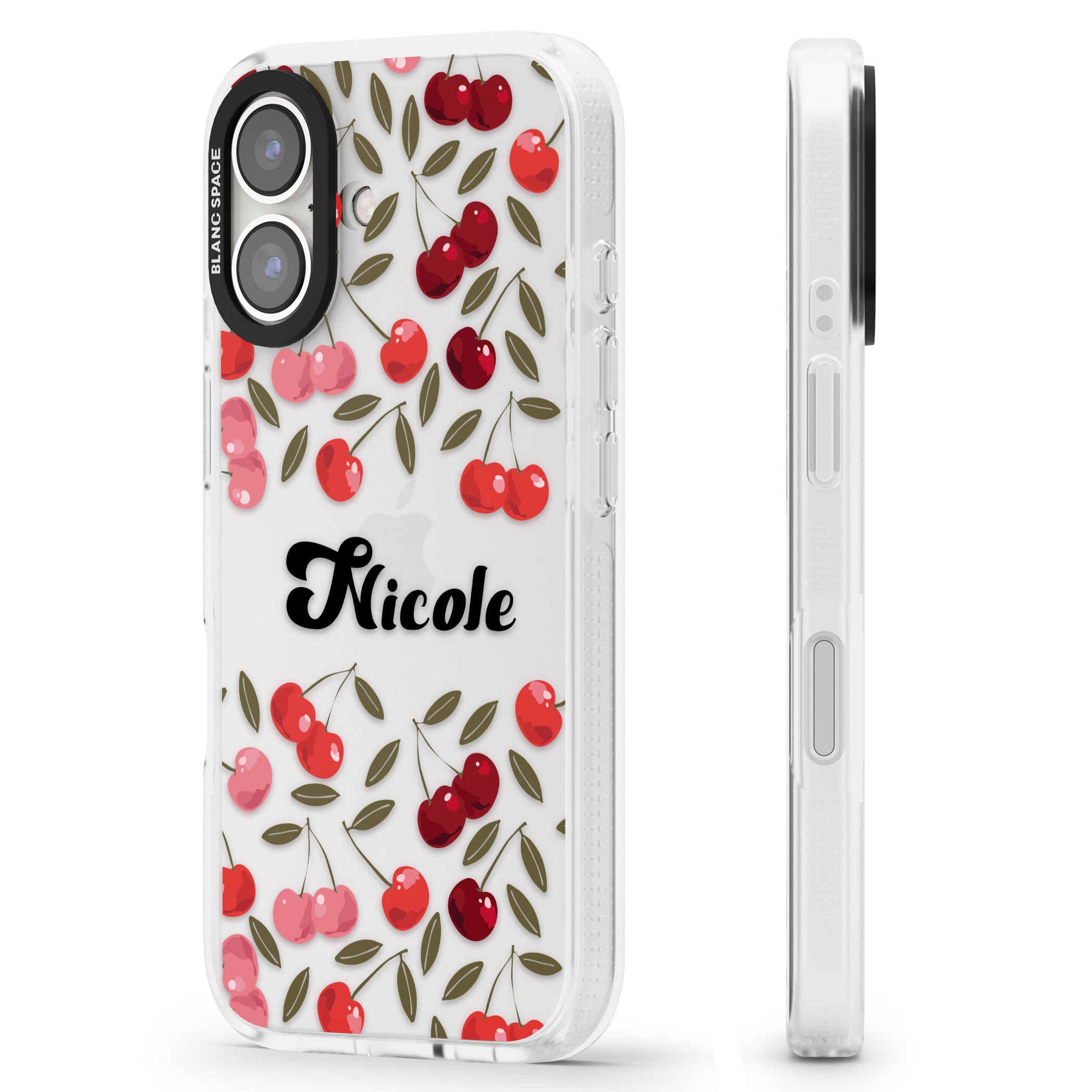 Personalised Cherry Pattern iPhone 16 / 16 Plus Clear Case Impact Air - Blanc Space
