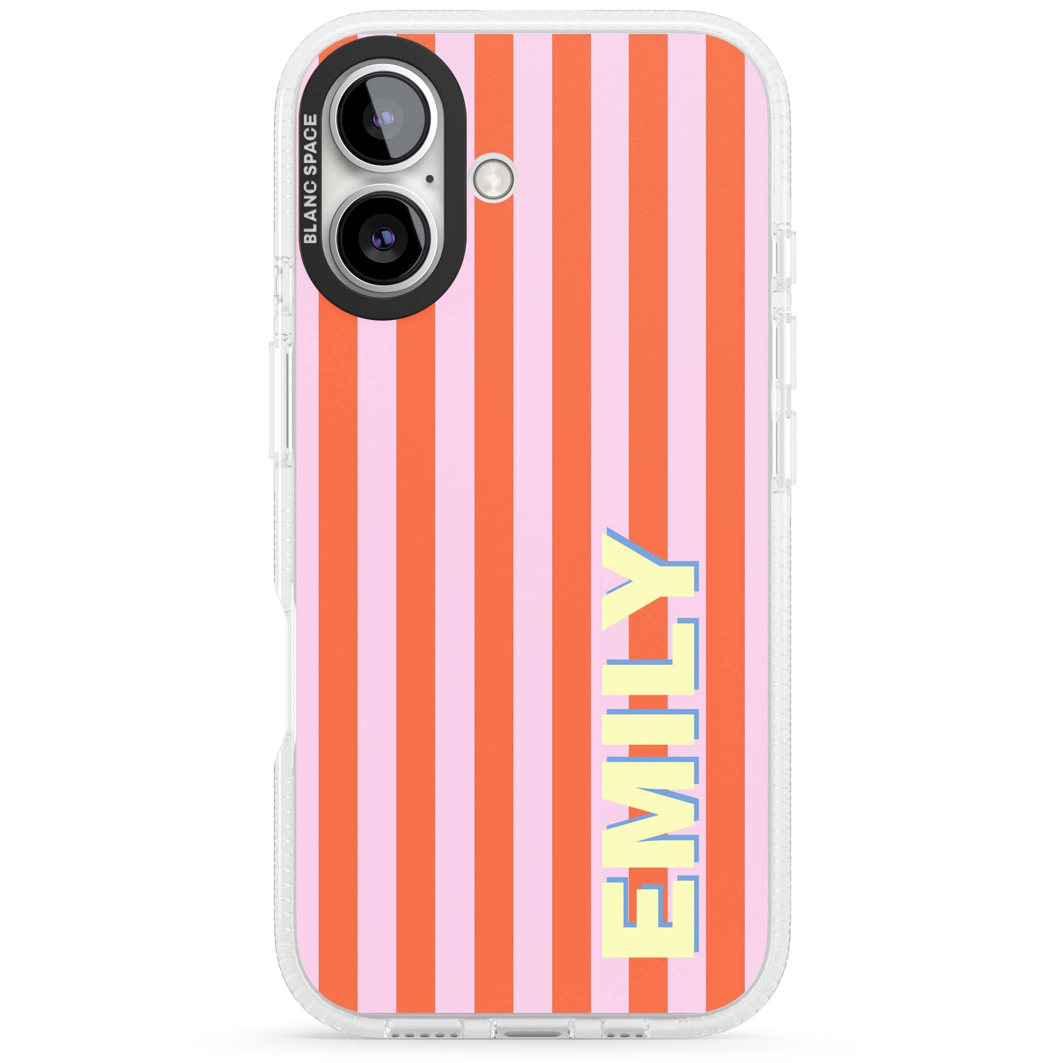 Havana Stripe personalised iPhone case featuring pink and orange vertical stripes with a custom yellow name | Clear Case Impact Air case for iPhone 16, iPhone 16 Plus