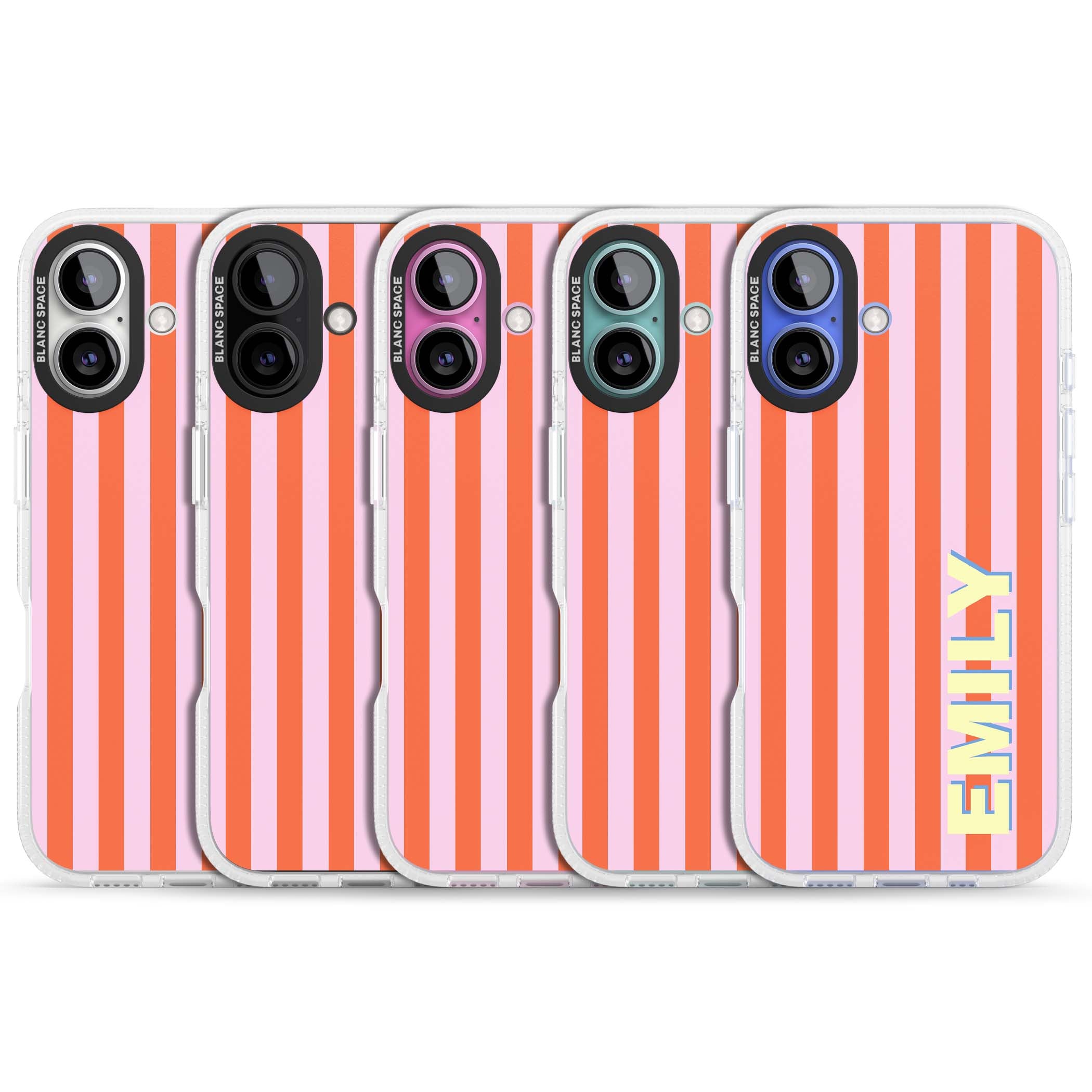 Havana Stripe personalised iPhone case featuring pink and orange vertical stripes with a custom yellow name | Clear Case Impact Air case for iPhone 16, iPhone 16 Plus