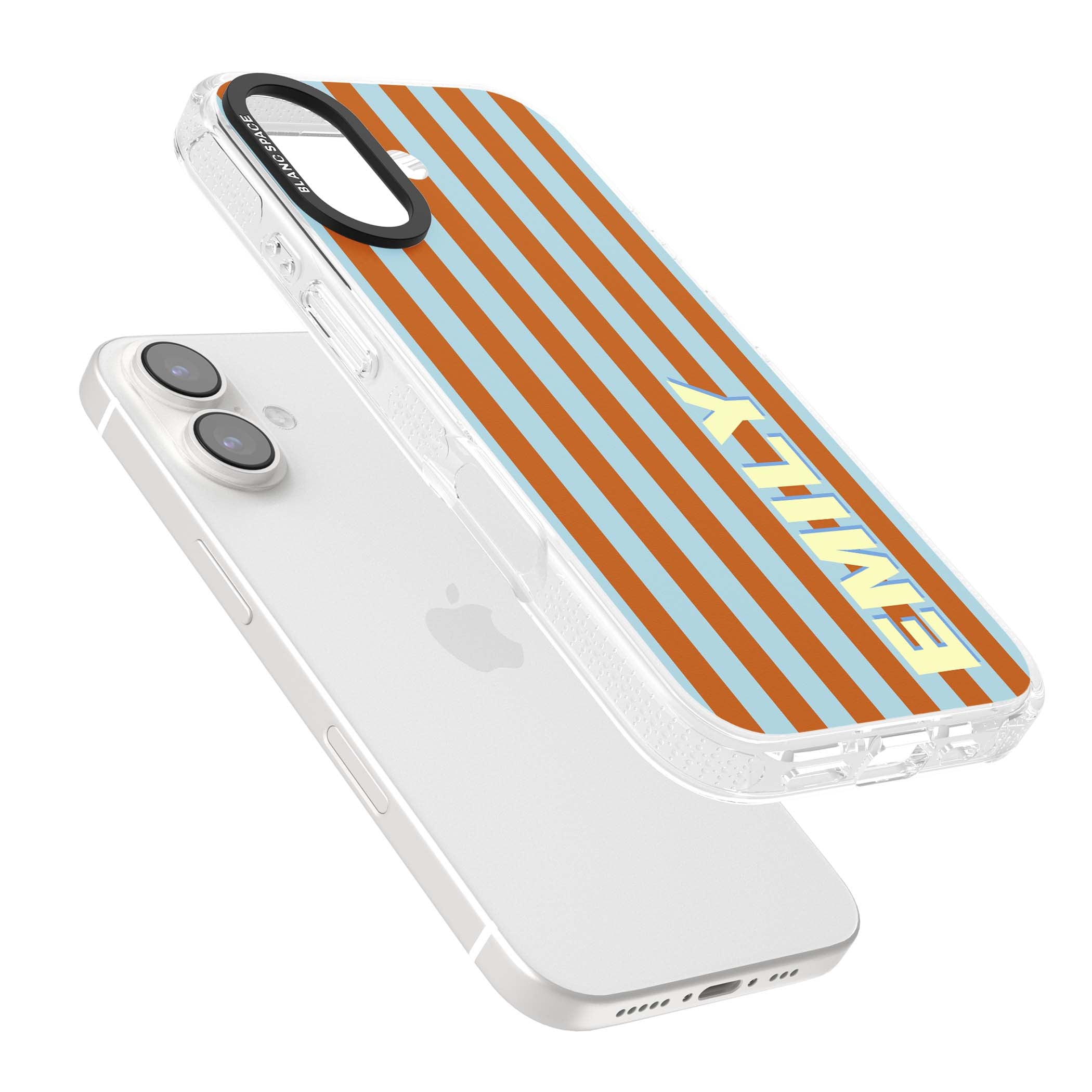 Cappadocia Stripe personalised coastal iPhone case featuring blue and orange vertical stripes with custom cream name | Clear Case Impact Air case for iPhone 16, iPhone 16 Plus