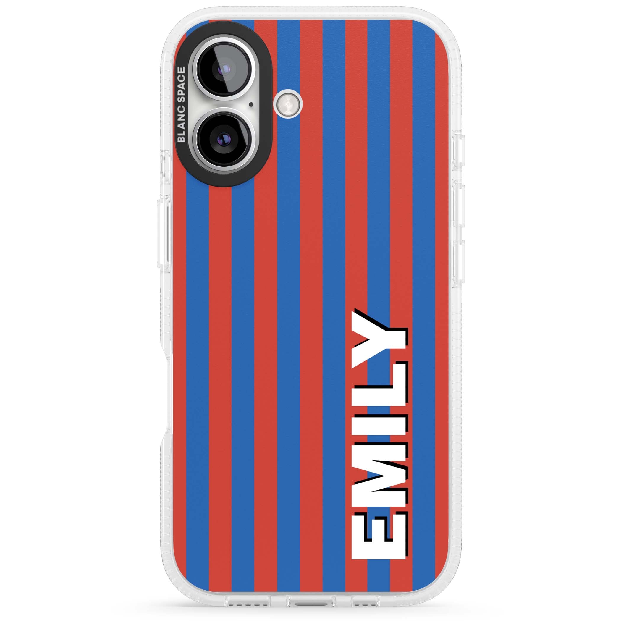 Cuban Stripe personalised iPhone case featuring red and blue vertical stripes with custom name in bold white letters | Clear Case Impact Air case for iPhone 16, iPhone 16 Plus