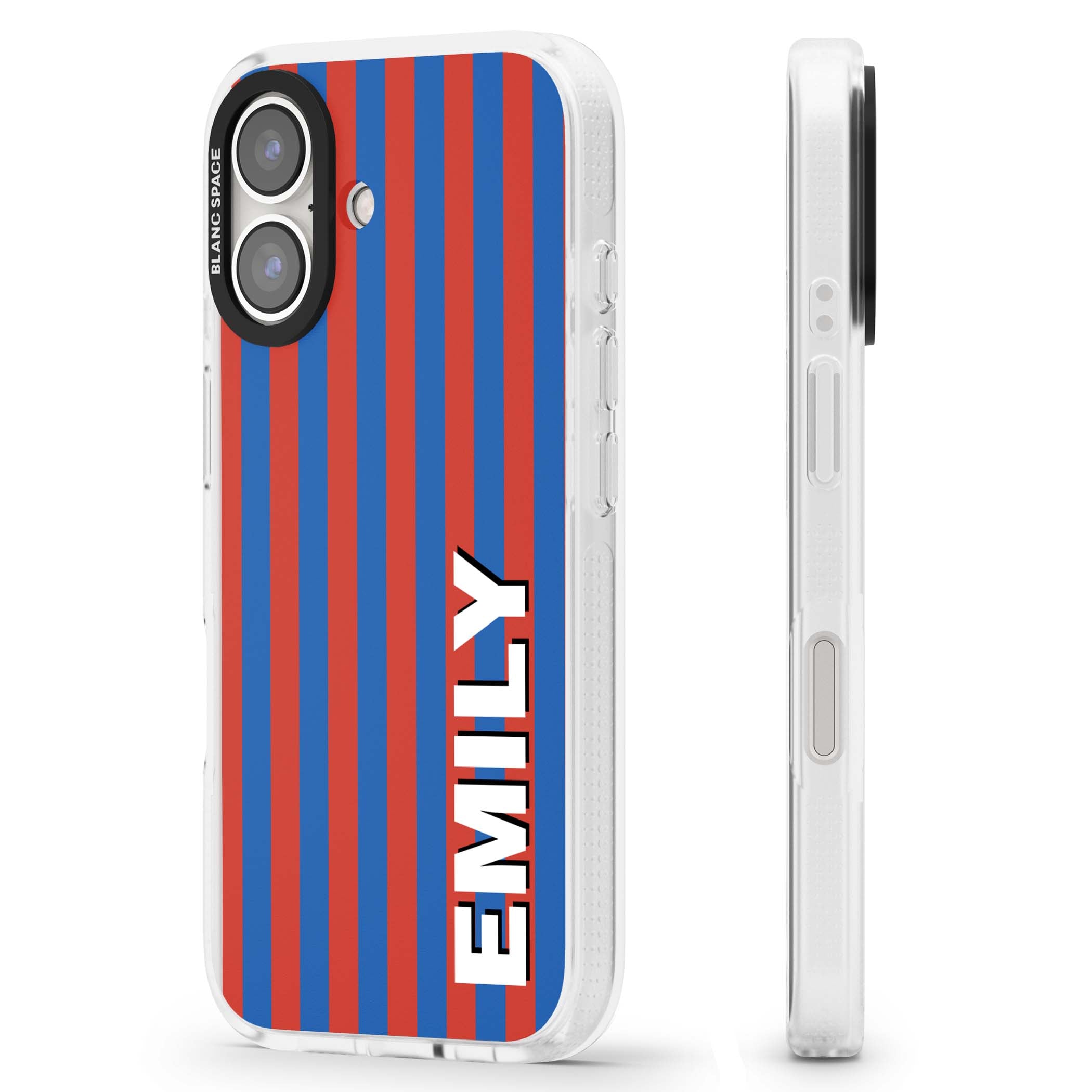 Cuban Stripe personalised iPhone case featuring red and blue vertical stripes with custom name in bold white letters | Clear Case Impact Air case for iPhone 16, iPhone 16 Plus