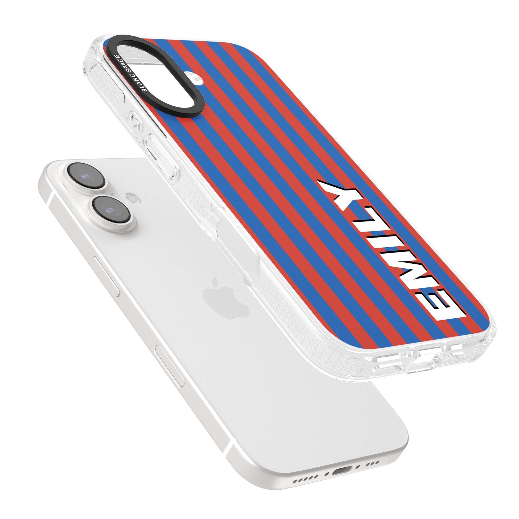 Cuban Stripe personalised iPhone case featuring red and blue vertical stripes with custom name in bold white letters | Clear Case Impact Air case for iPhone 16, iPhone 16 Plus