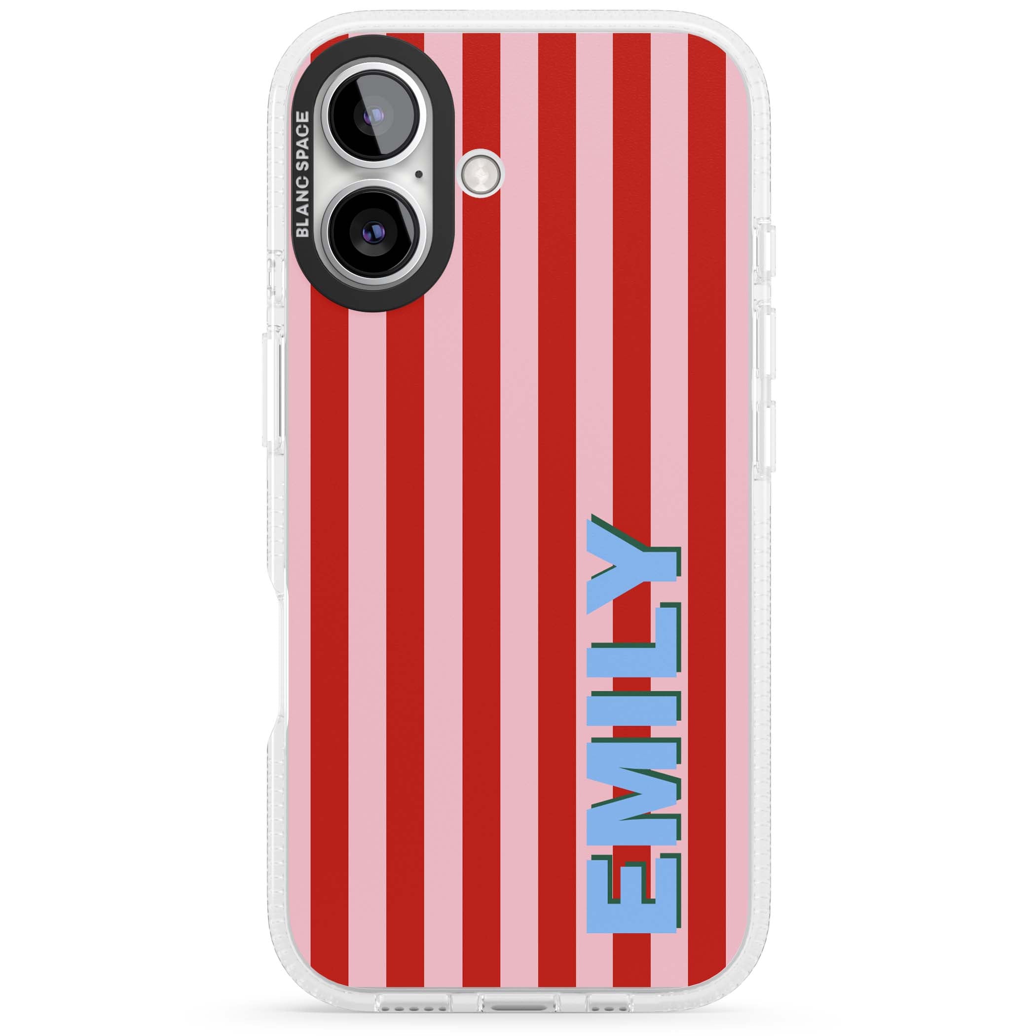Market Stripe personalised iPhone case with red and pink vertical stripes and custom blue name | Clear Case Impact Air case for iPhone 16, iPhone 16 Plus