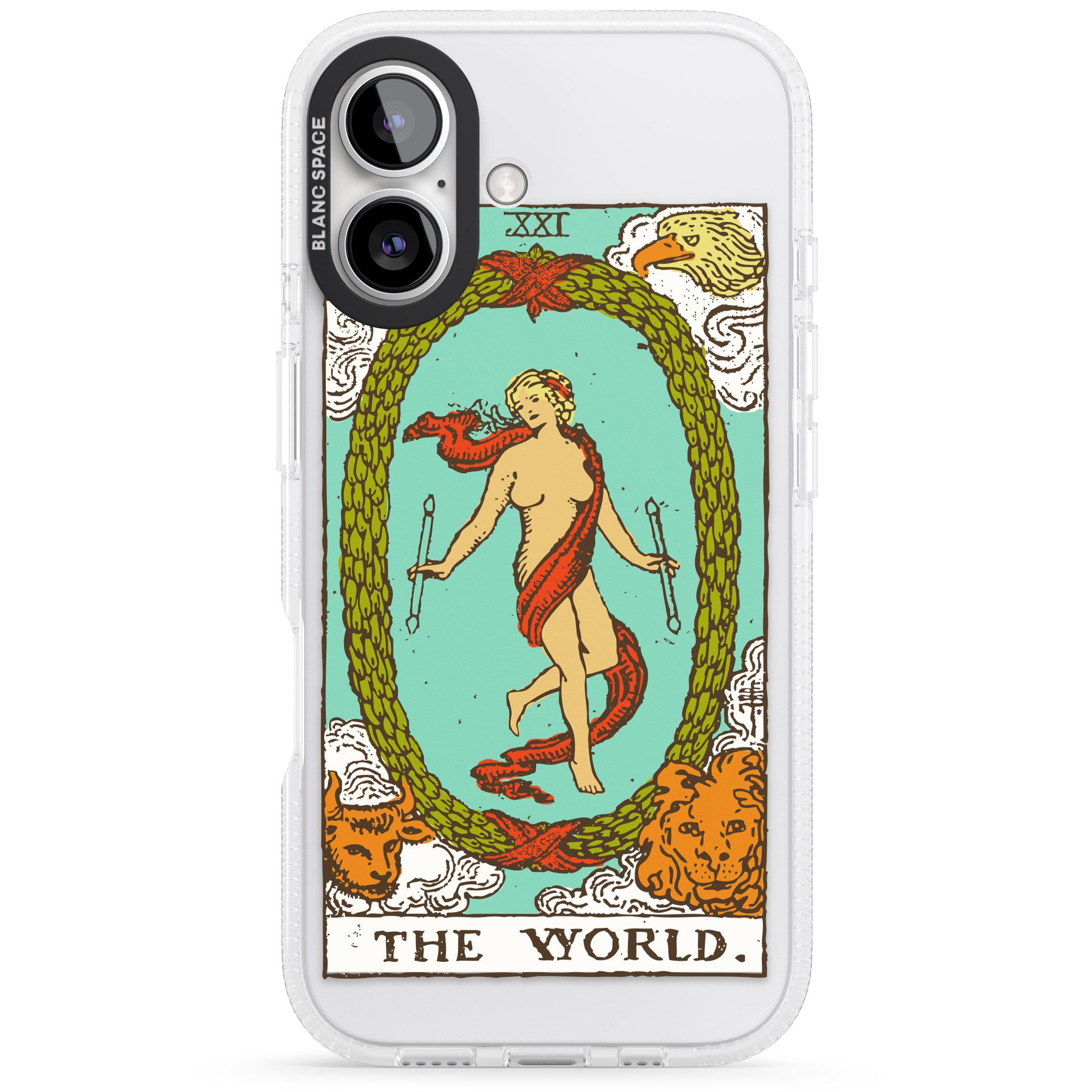 Personalised The World Tarot Card - Colour iPhone 16 / 16 Plus Clear Case Impact Air - Blanc Space