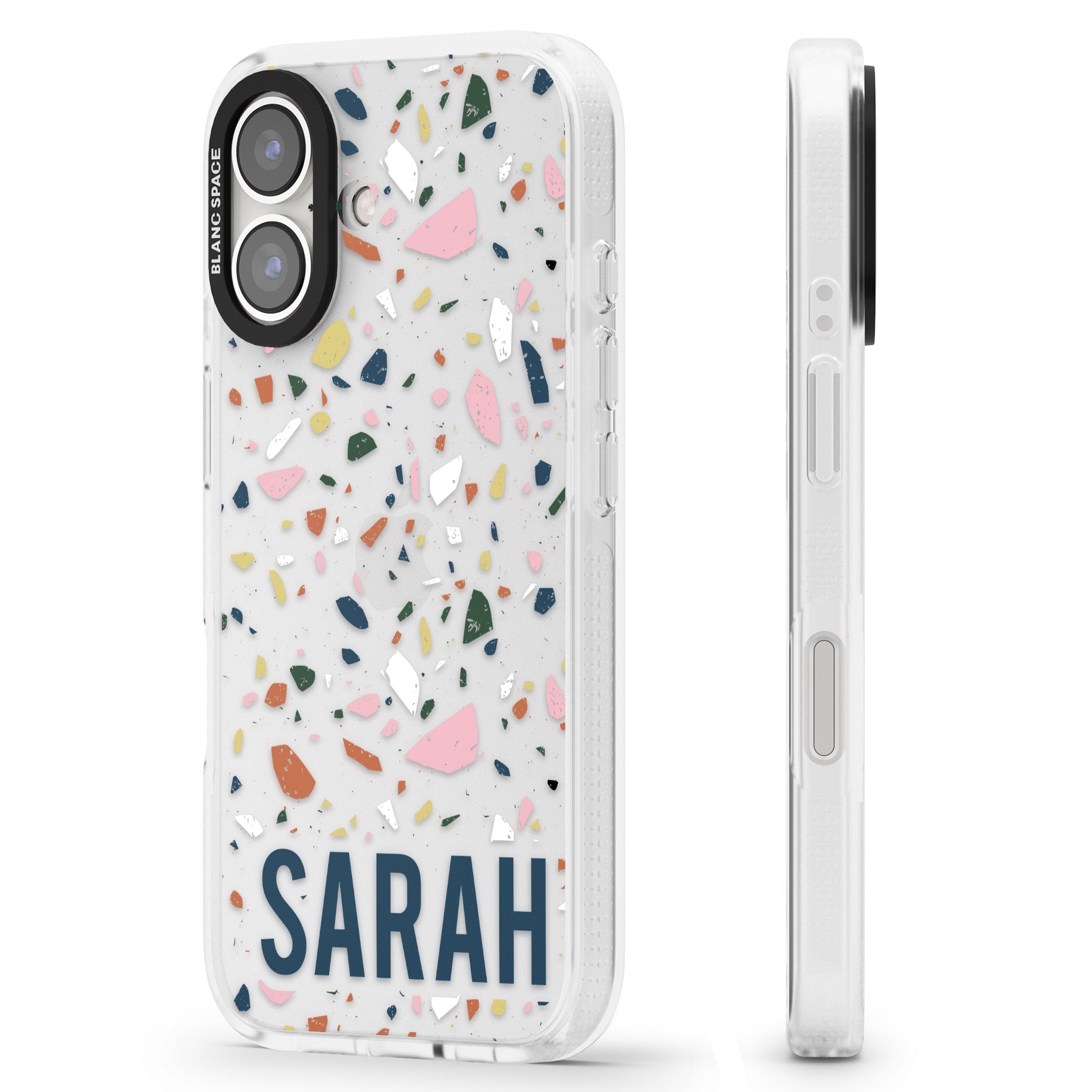 Personalised Terrazzo iPhone 16 / 16 Plus Clear Case Impact Air - Blanc Space