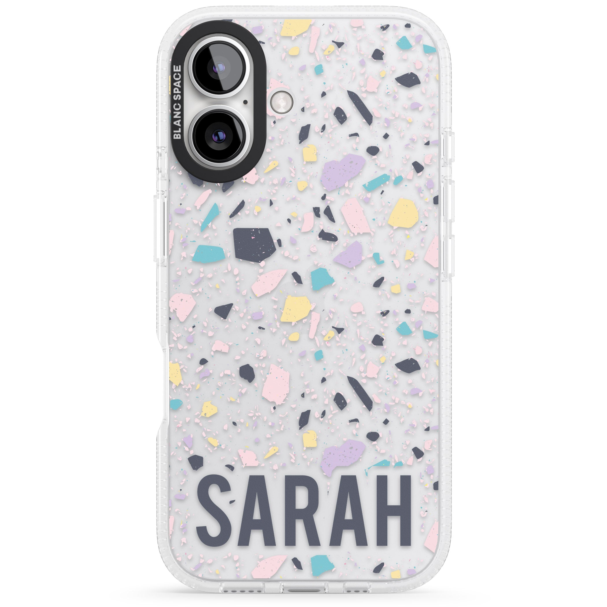 Personalised Terrazzo - Pink, Purple, Blue iPhone 16 / 16 Plus Clear Case Impact Air - Blanc Space