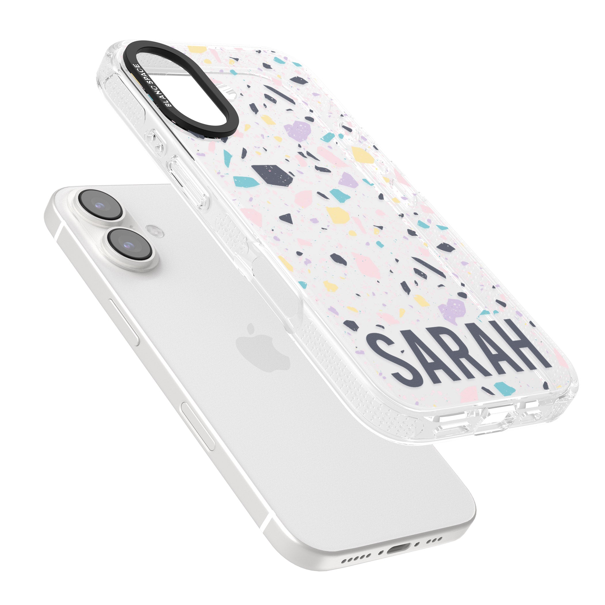 Personalised Terrazzo - Pink, Purple, Blue iPhone 16 / 16 Plus Clear Case Impact Air - Blanc Space