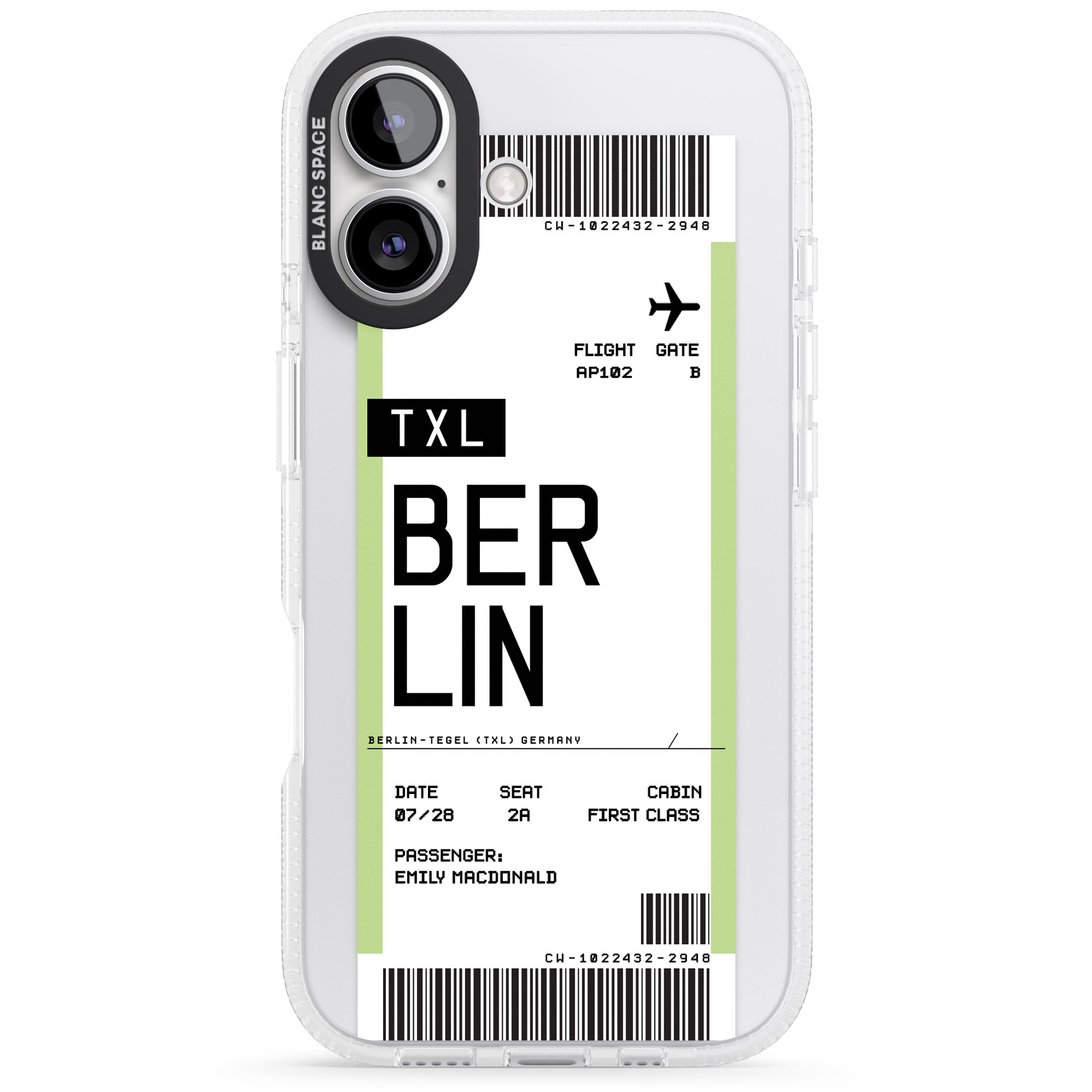 Personalised Berlin Boarding Pass iPhone 16 / 16 Plus Clear Case Impact Air - Blanc Space