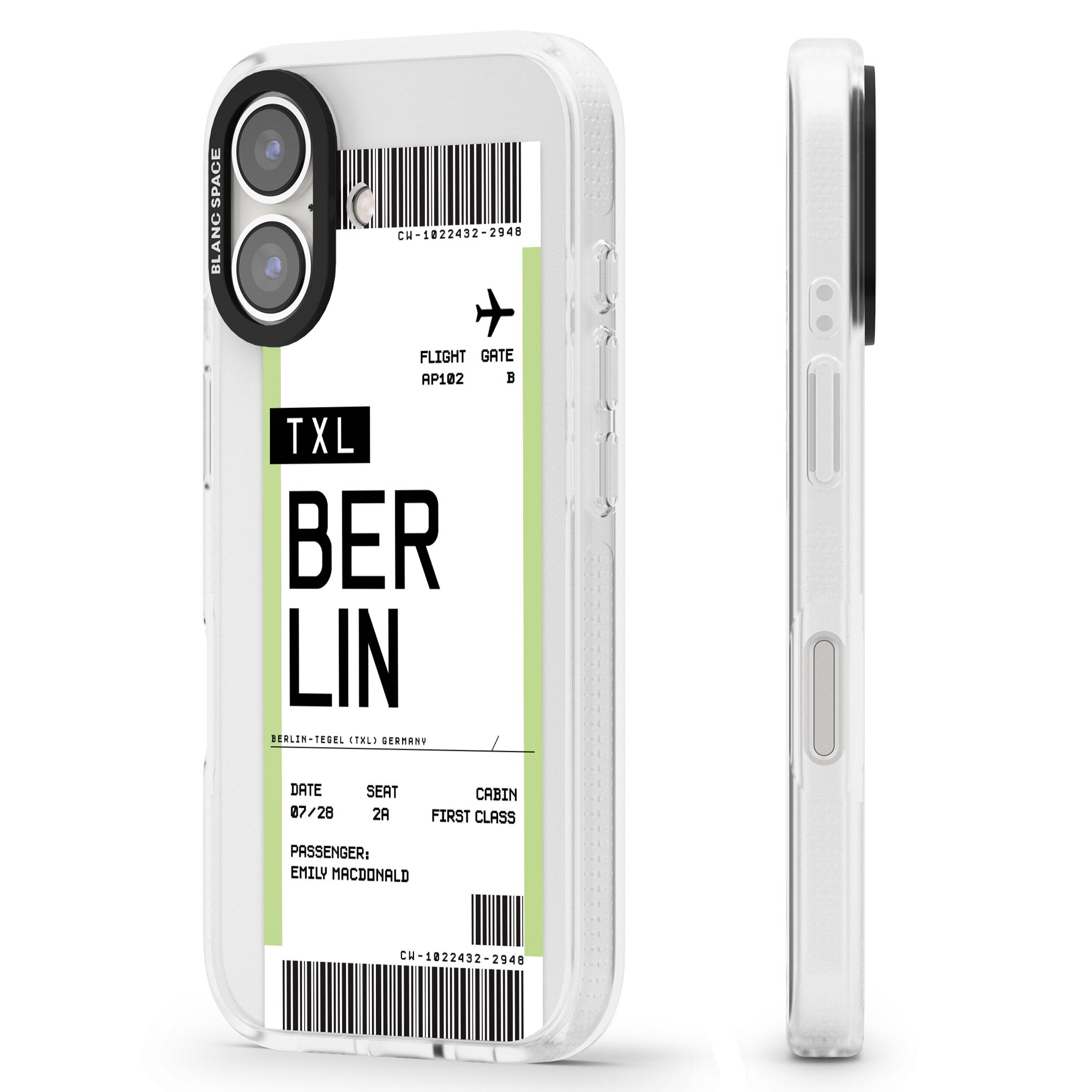 Personalised Berlin Boarding Pass iPhone 16 / 16 Plus Clear Case Impact Air - Blanc Space
