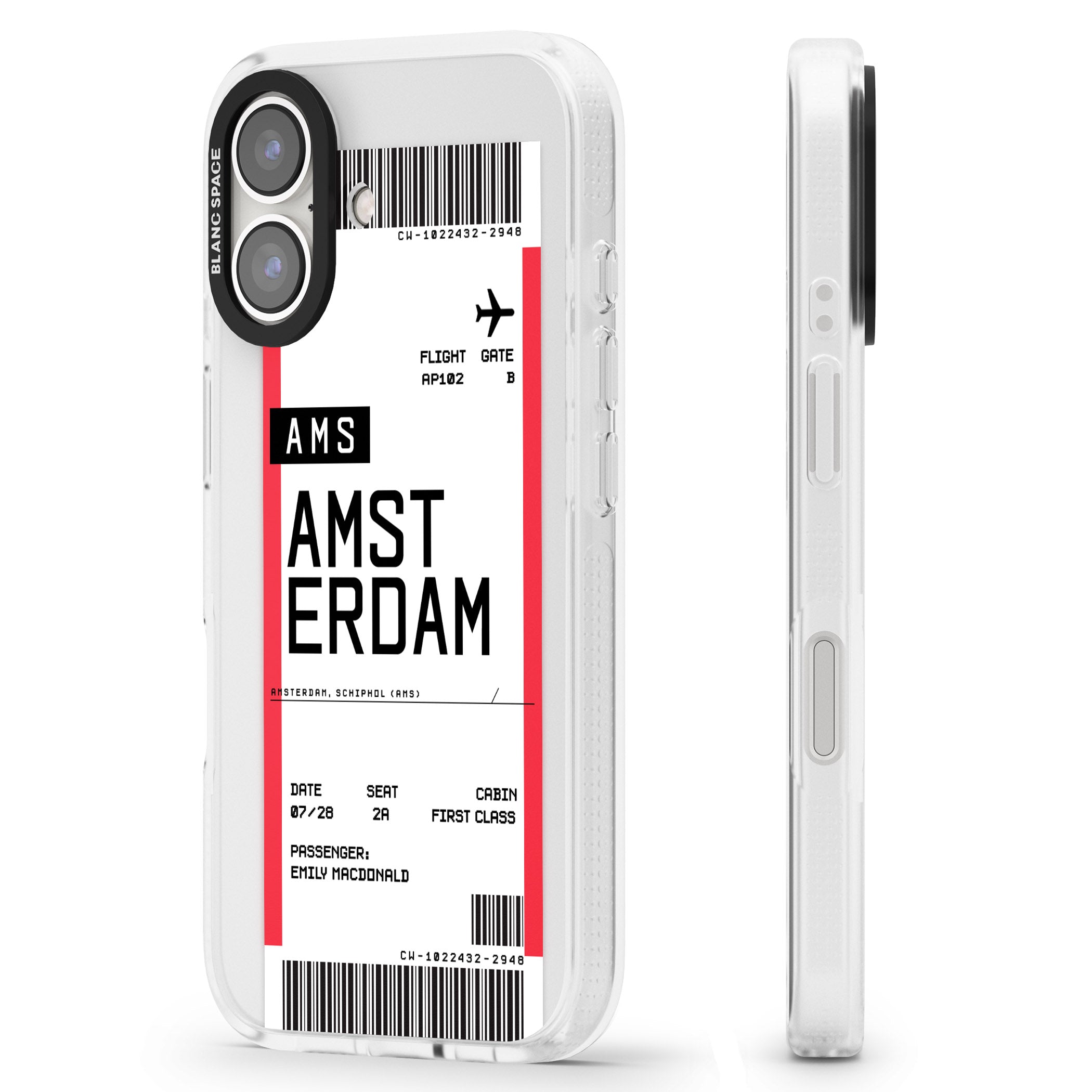 Personalised Amsterdam Boarding Pass iPhone 16 / 16 Plus Clear Case Impact Air - Blanc Space