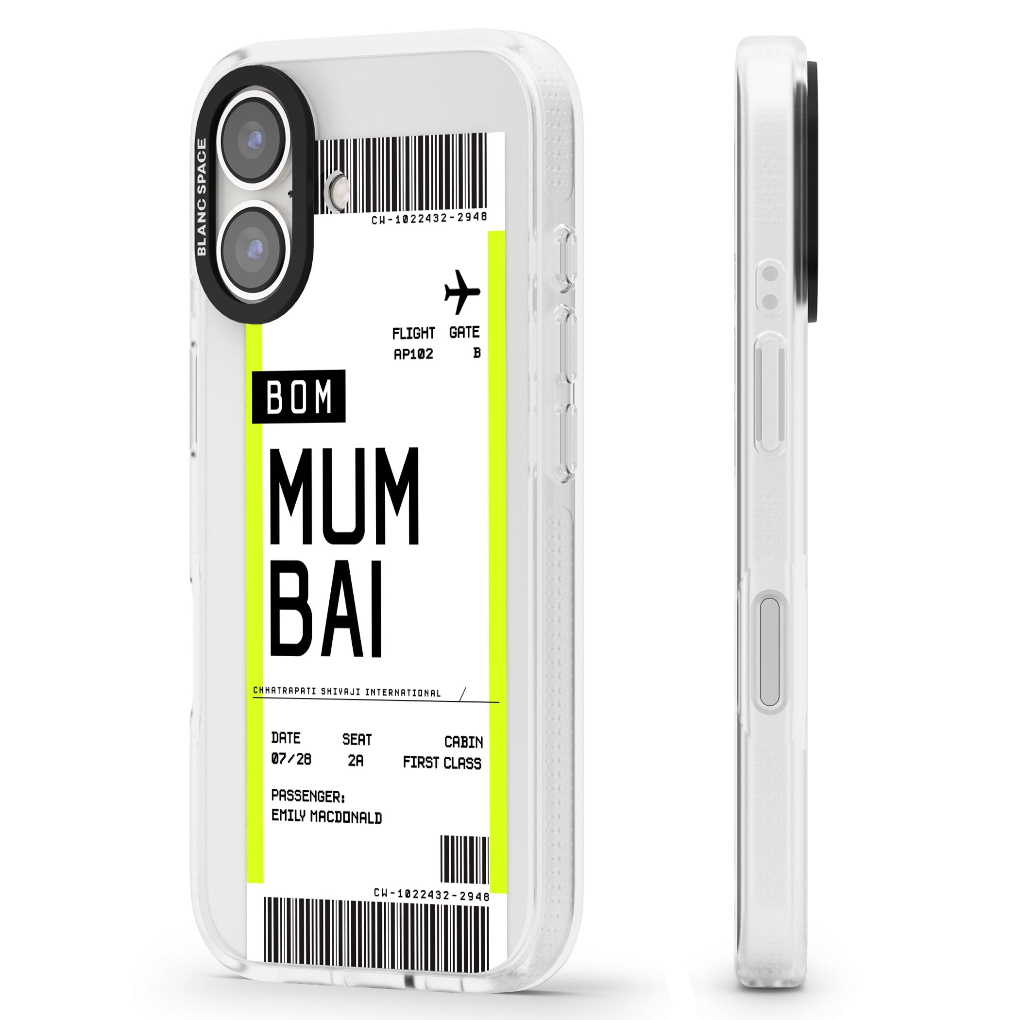 Personalised Mumbai Boarding Pass iPhone 16 / 16 Plus Clear Case Impact Air - Blanc Space