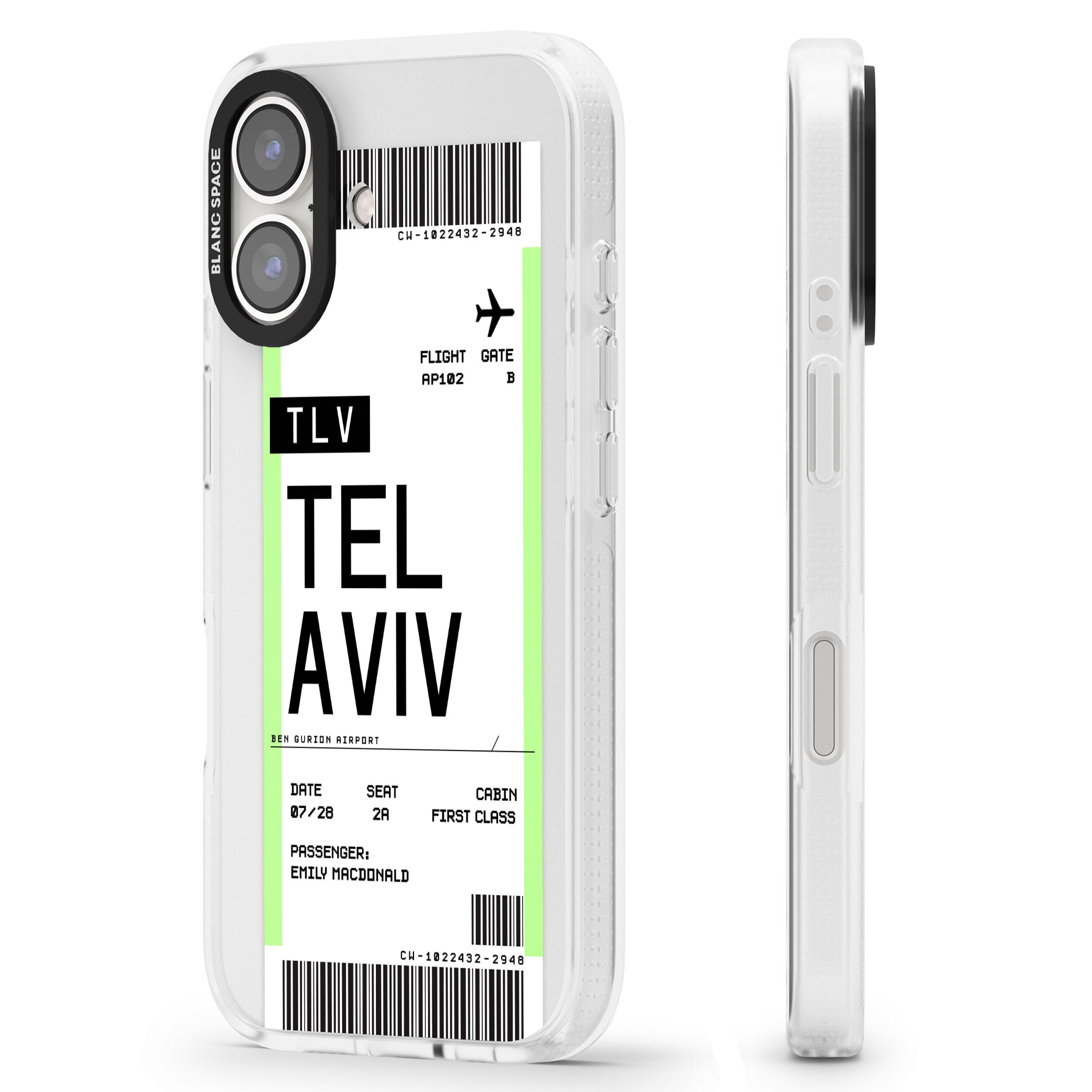 Personalised Tel Aviv Boarding Pass iPhone 16 / 16 Plus Clear Case Impact Air - Blanc Space