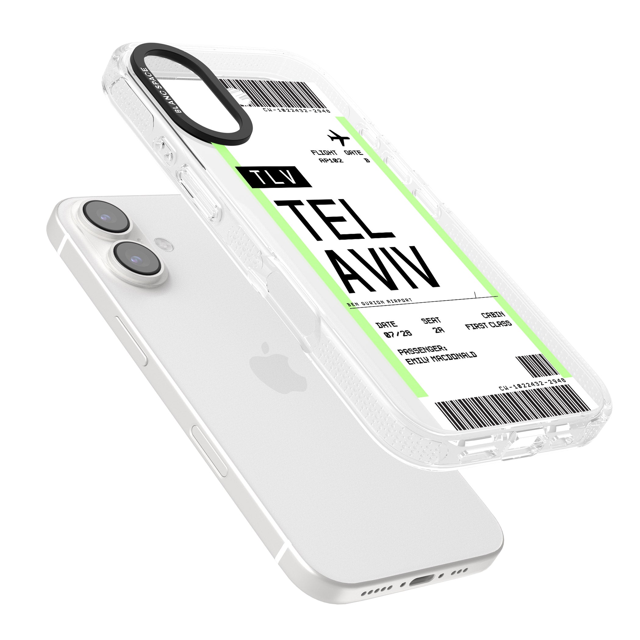 Personalised Tel Aviv Boarding Pass iPhone 16 / 16 Plus Clear Case Impact Air - Blanc Space
