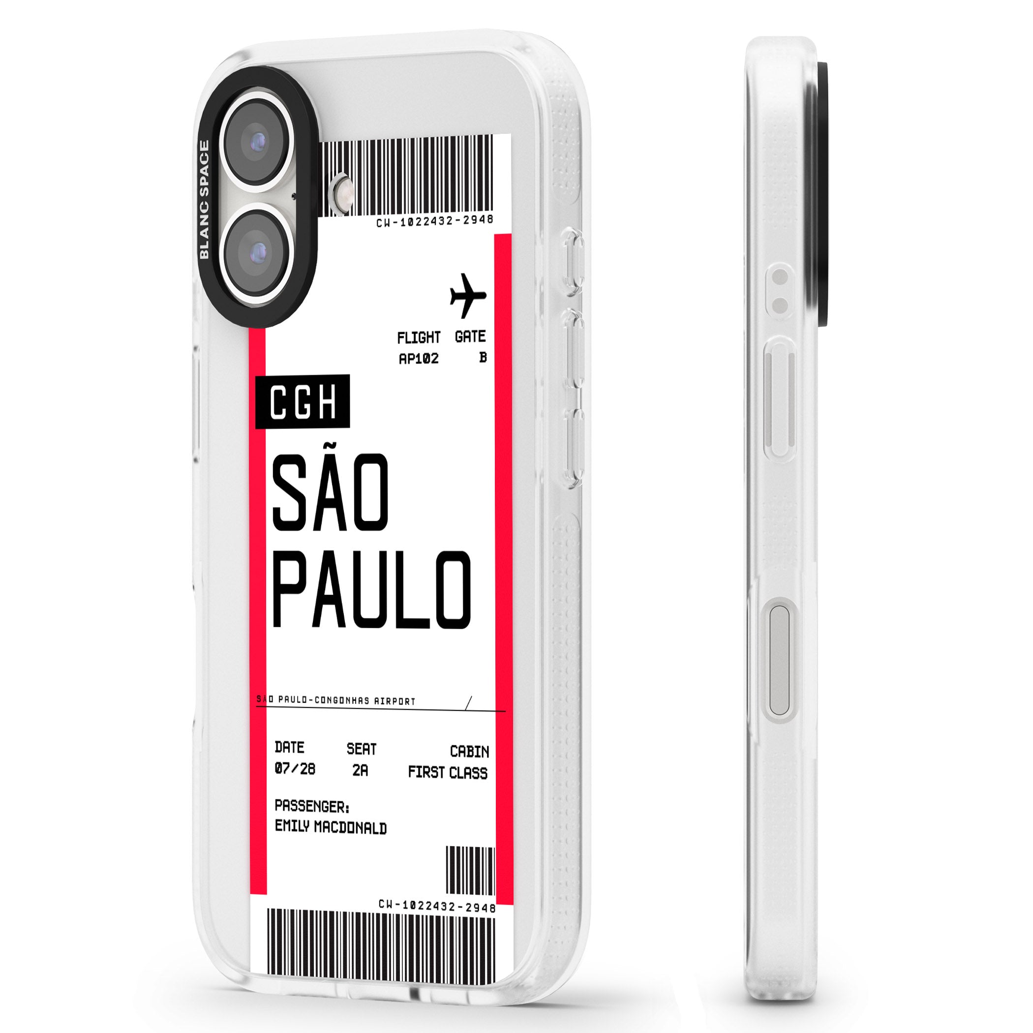 Personalised São Paulo Boarding Pass iPhone 16 / 16 Plus Clear Case Impact Air - Blanc Space