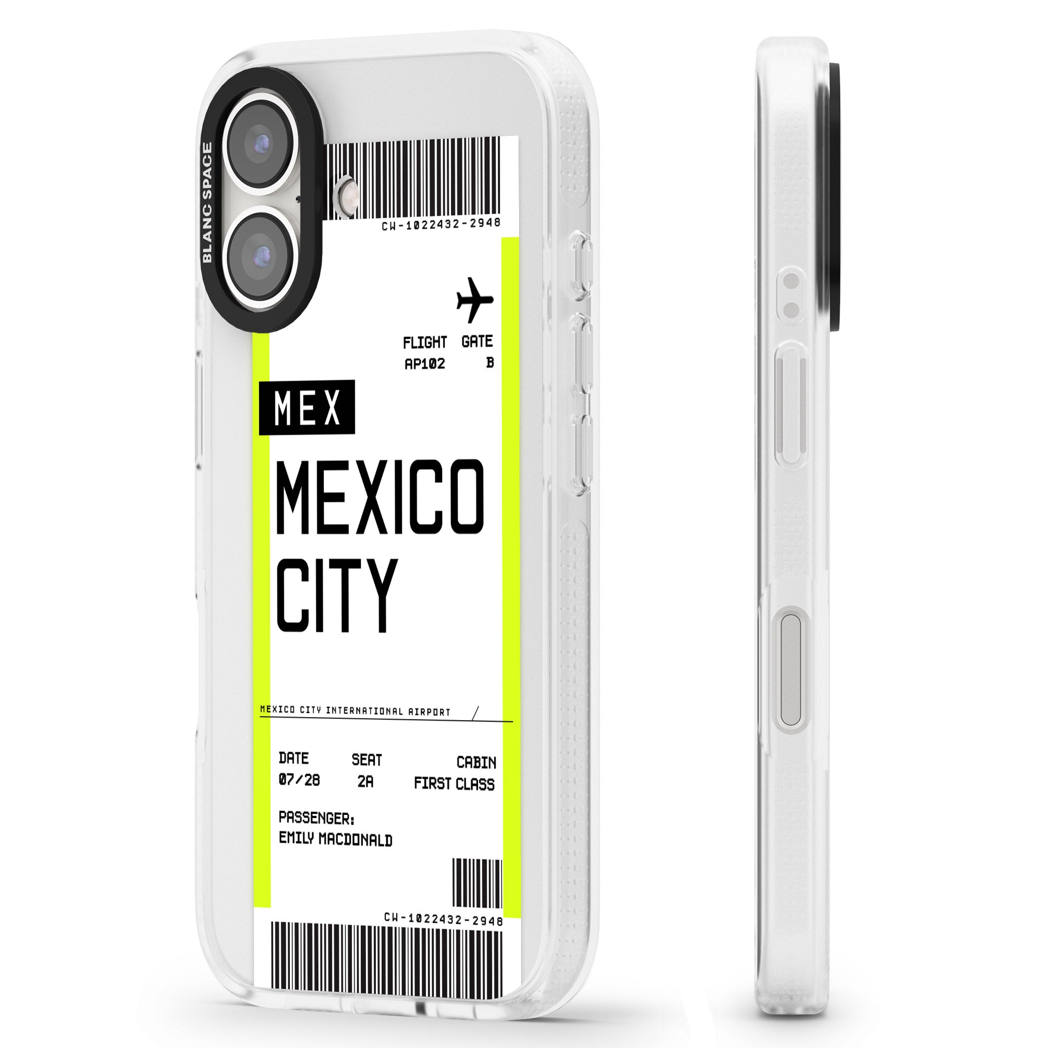 Personalised Mexico City Boarding Pass iPhone 16 / 16 Plus Clear Case Impact Air - Blanc Space