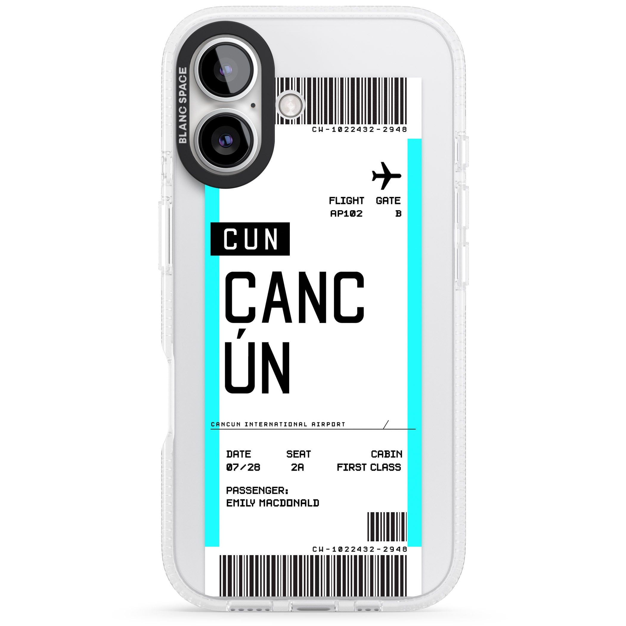 Personalised Cancún Boarding Pass iPhone 16 / 16 Plus Clear Case Impact Air - Blanc Space