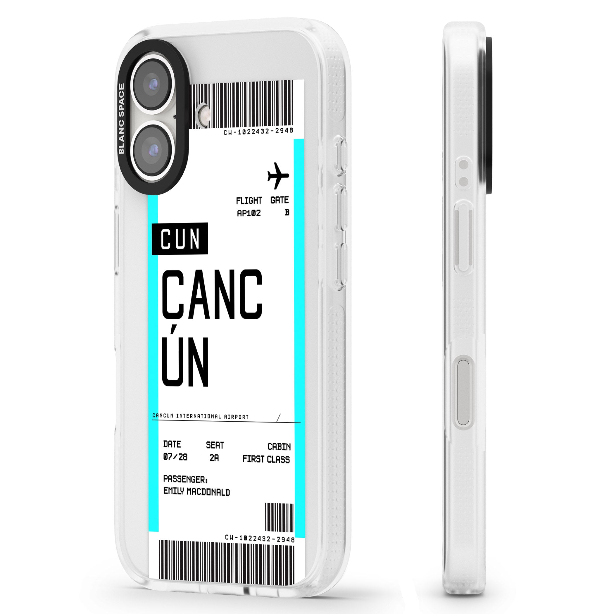 Personalised Cancún Boarding Pass iPhone 16 / 16 Plus Clear Case Impact Air - Blanc Space