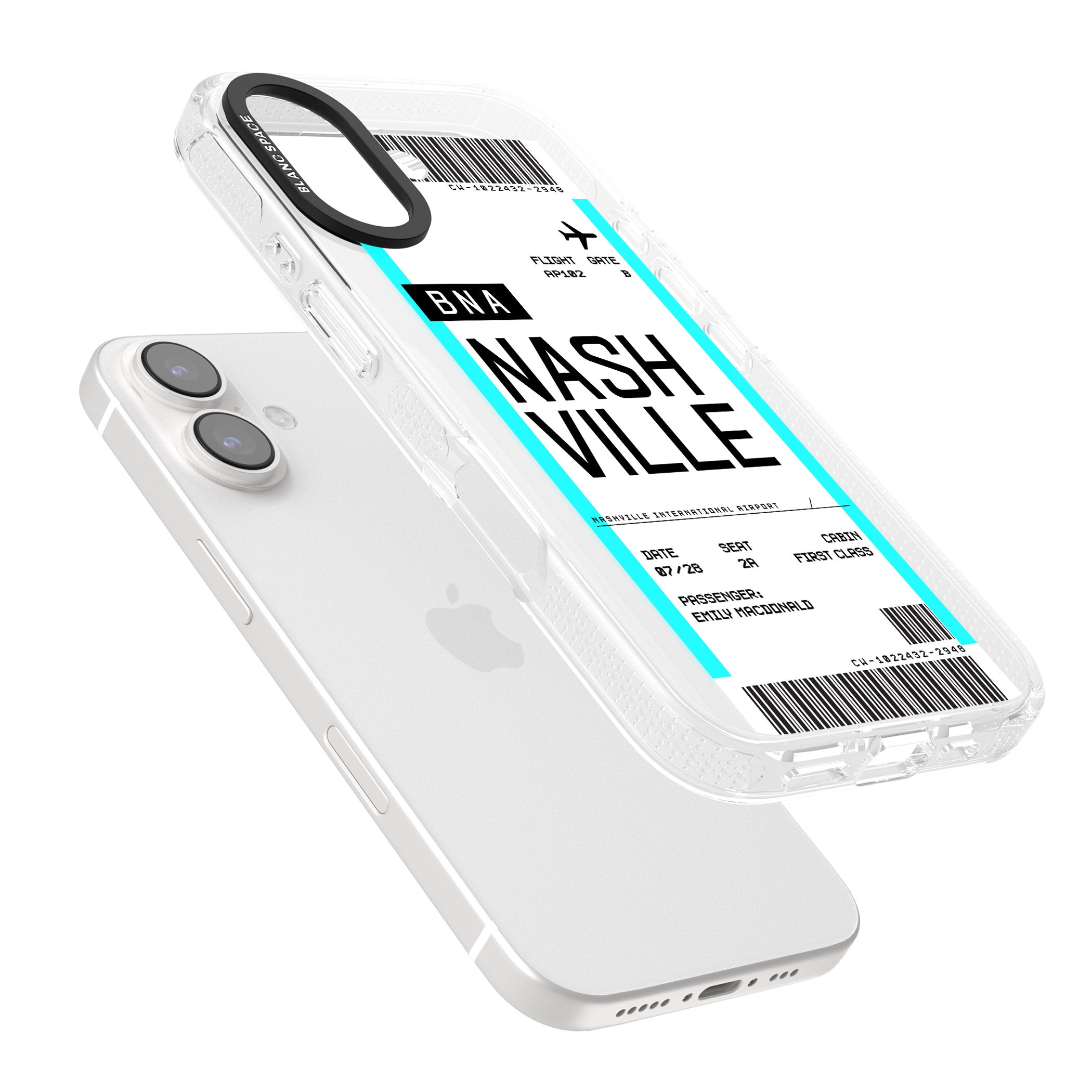 Personalised Nashville Boarding Pass iPhone 16 / 16 Plus Clear Case Impact Air - Blanc Space