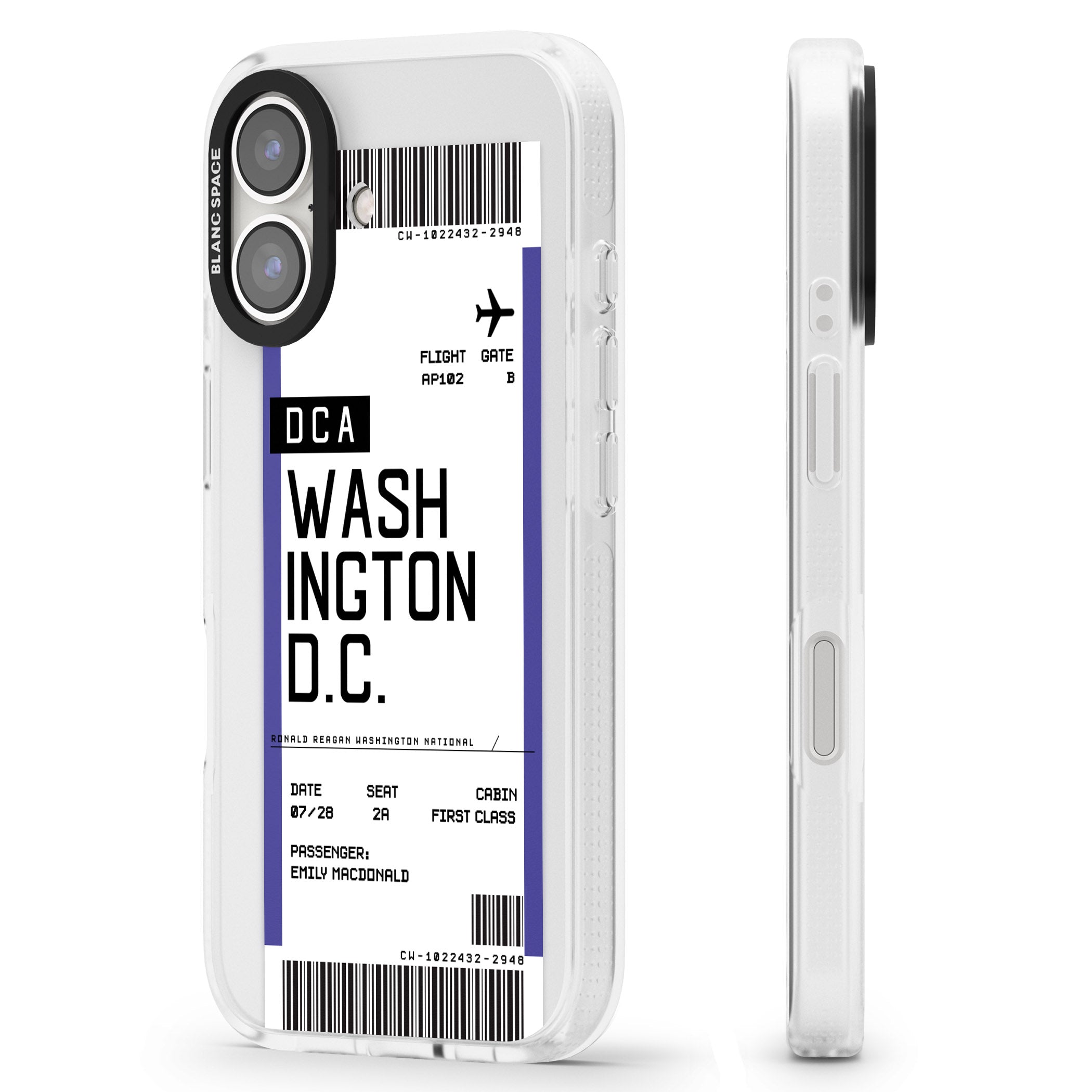 Personalised Washington D.C. Boarding Pass iPhone 16 / 16 Plus Clear Case Impact Air - Blanc Space