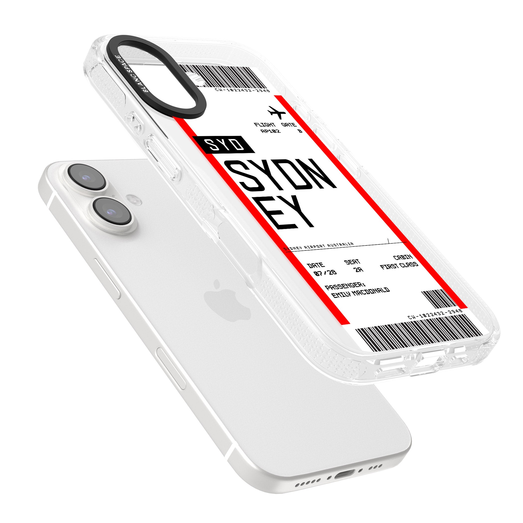 Personalised Sydney Boarding Pass iPhone 16 / 16 Plus Clear Case Impact Air - Blanc Space
