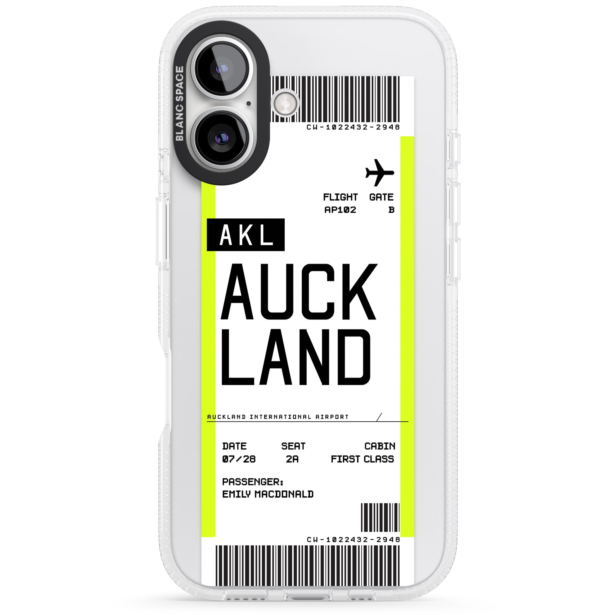 Personalised Auckland Boarding Pass iPhone 16 / 16 Plus Clear Case Impact Air - Blanc Space